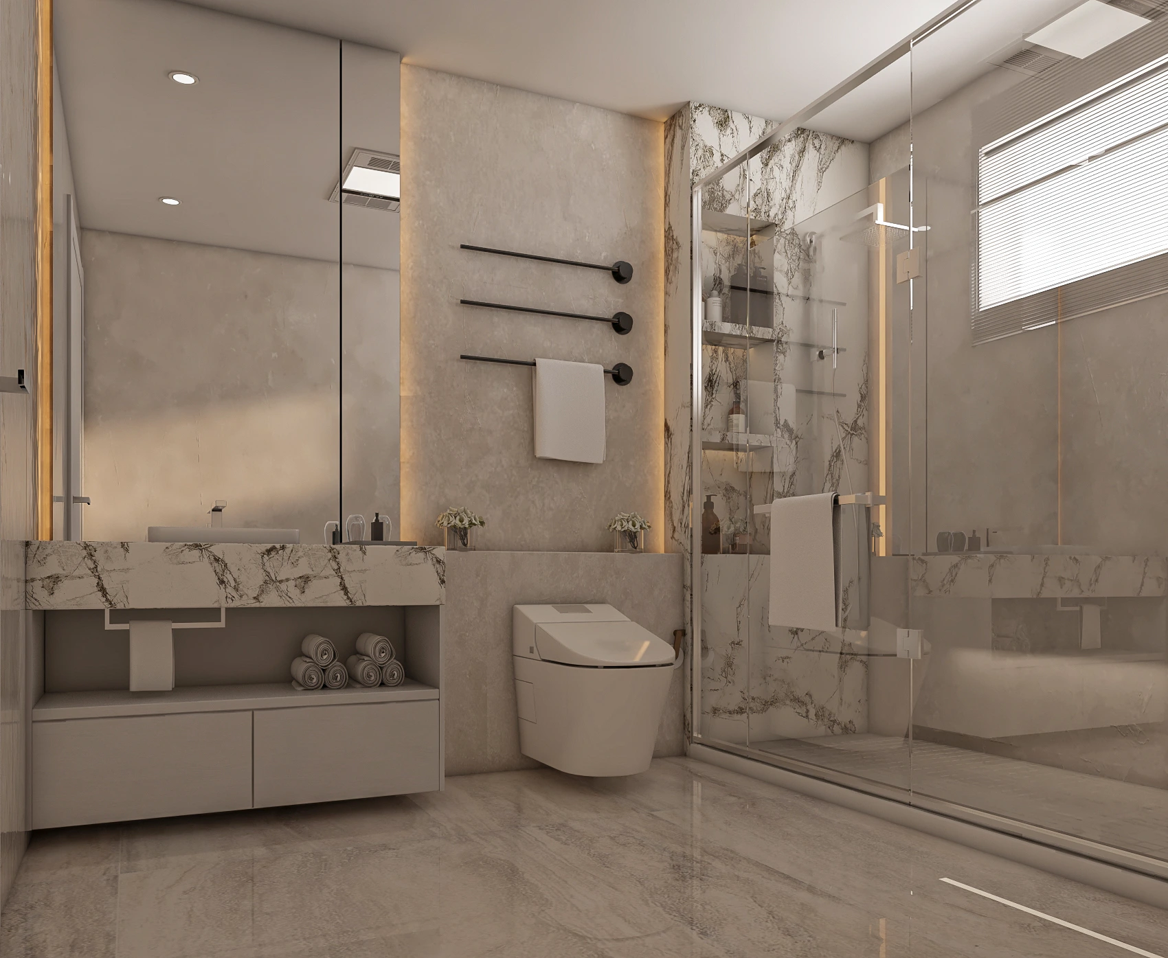 Modern bathroom in Dubai with marble vanity, backlit mirror, and black towel rails