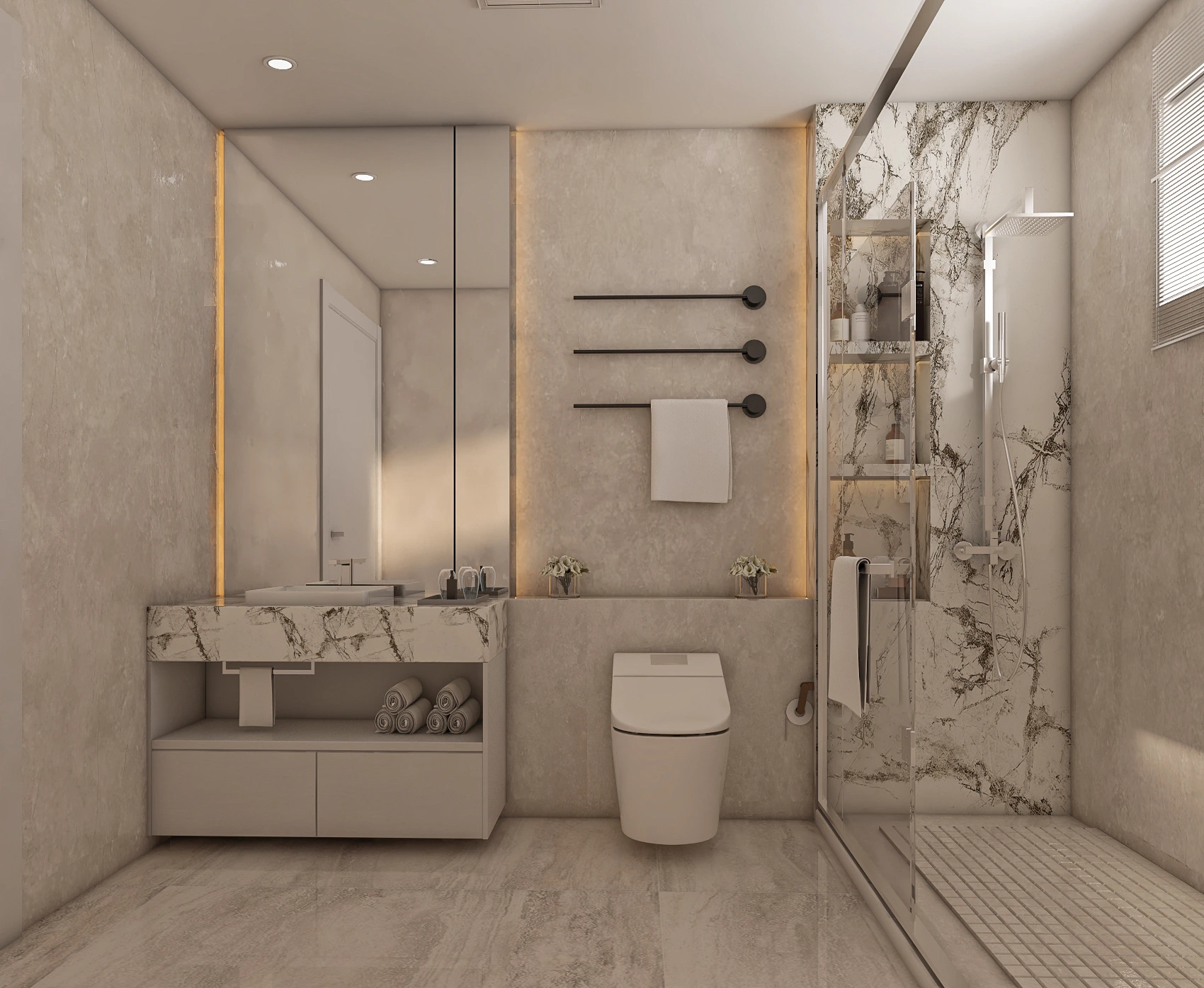 Modern bathroom in Dubai with marble vanity, backlit mirror, and black towel rails