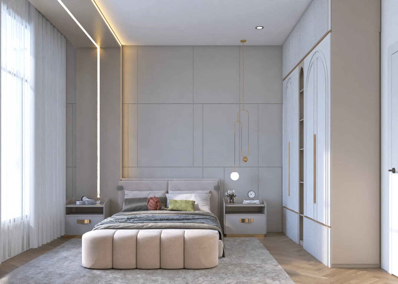 1.	Modern bedroom with grey panelled headboard wall, brass pendants, and arched wardrobes, Dubai