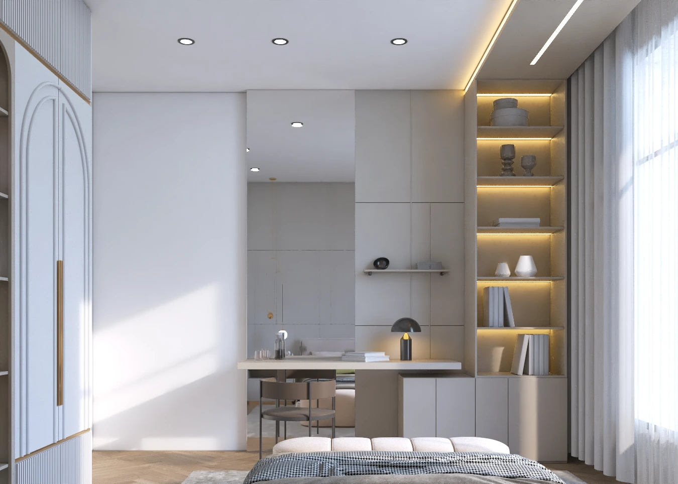 1.	Modern bedroom with grey panelled headboard wall, brass pendants, and arched wardrobes, Dubai