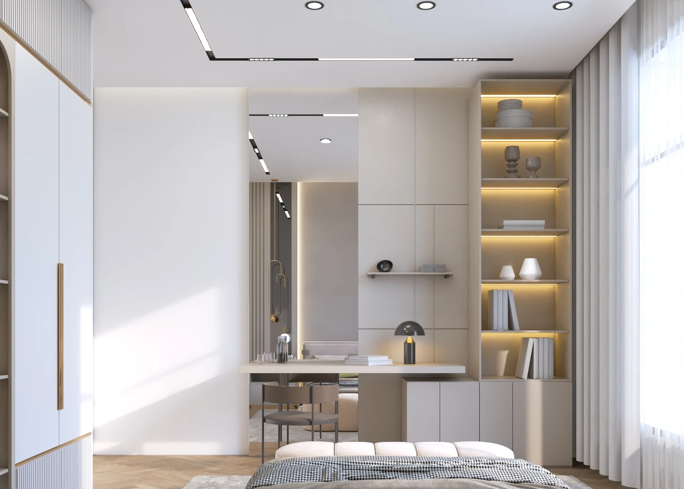 1.	Modern bedroom with grey panelled headboard wall, brass pendants, and arched wardrobes, Dubai