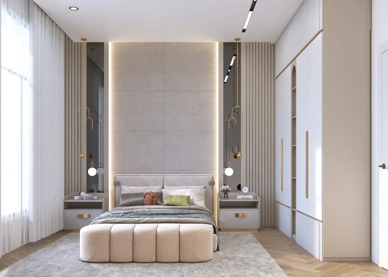 1.	Modern bedroom with grey panelled headboard wall, brass pendants, and arched wardrobes, Dubai