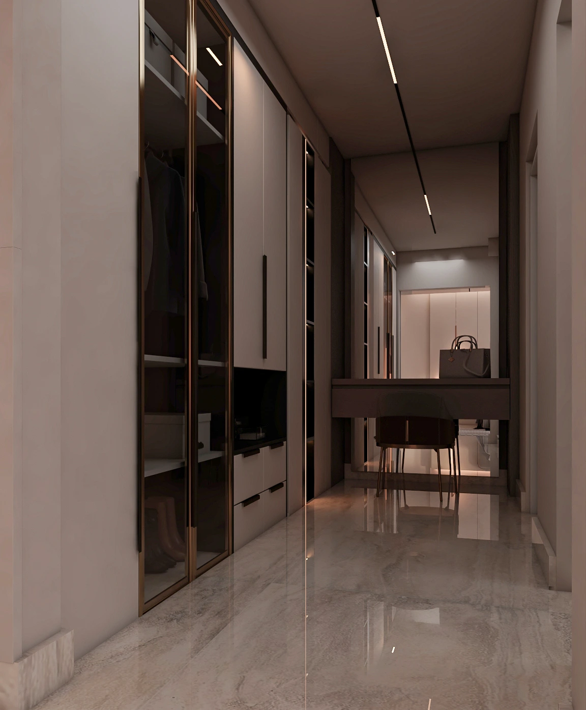 Master bedroom in taupe and blush with LED-lit headboard wall and copper pendant lights, Dubai