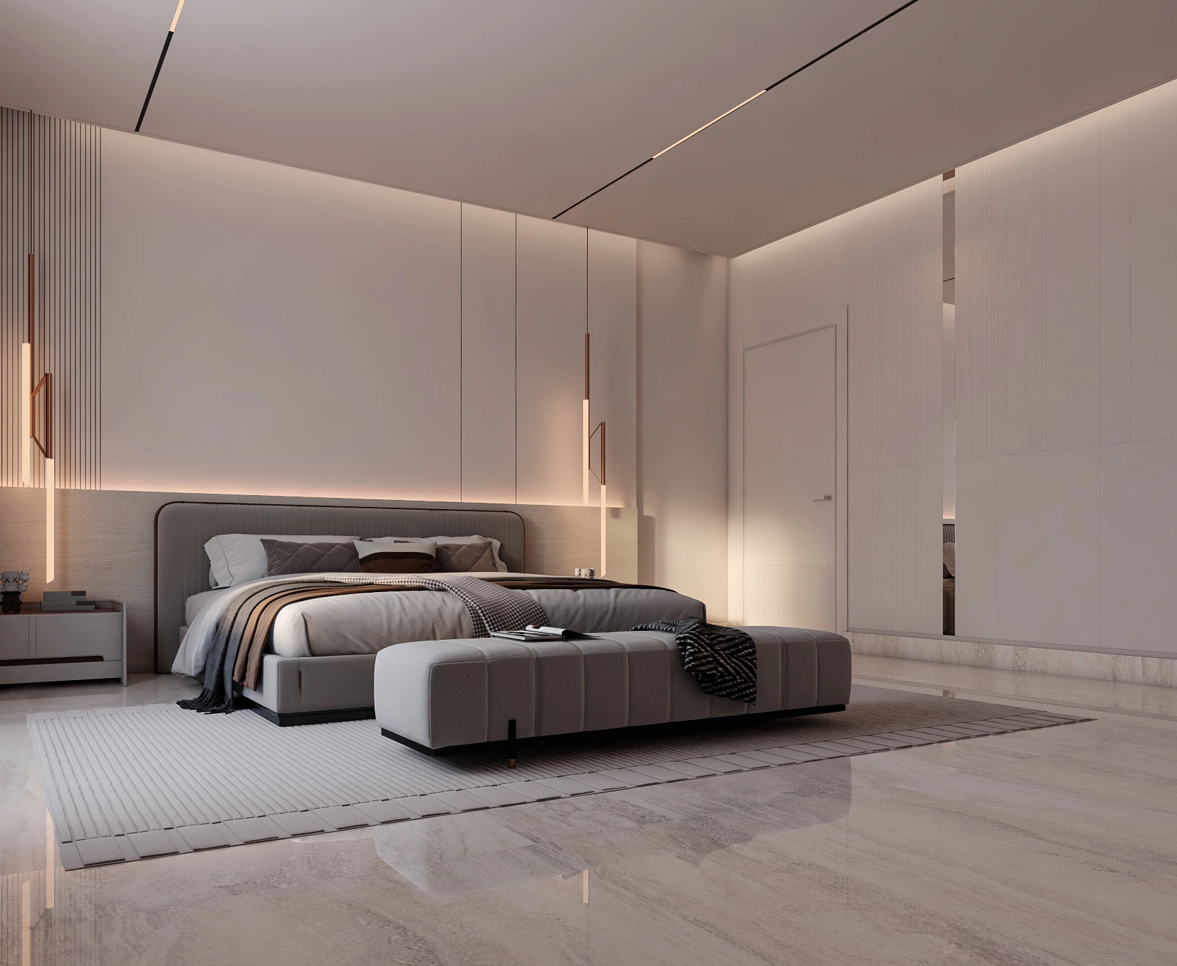 Master bedroom in taupe and blush with LED-lit headboard wall and copper pendant lights, Dubai