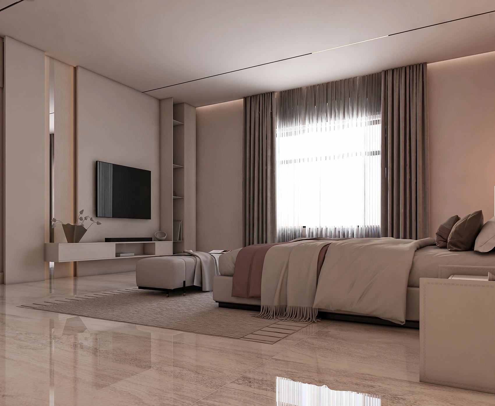 Master bedroom in taupe and blush with LED-lit headboard wall and copper pendant lights, Dubai