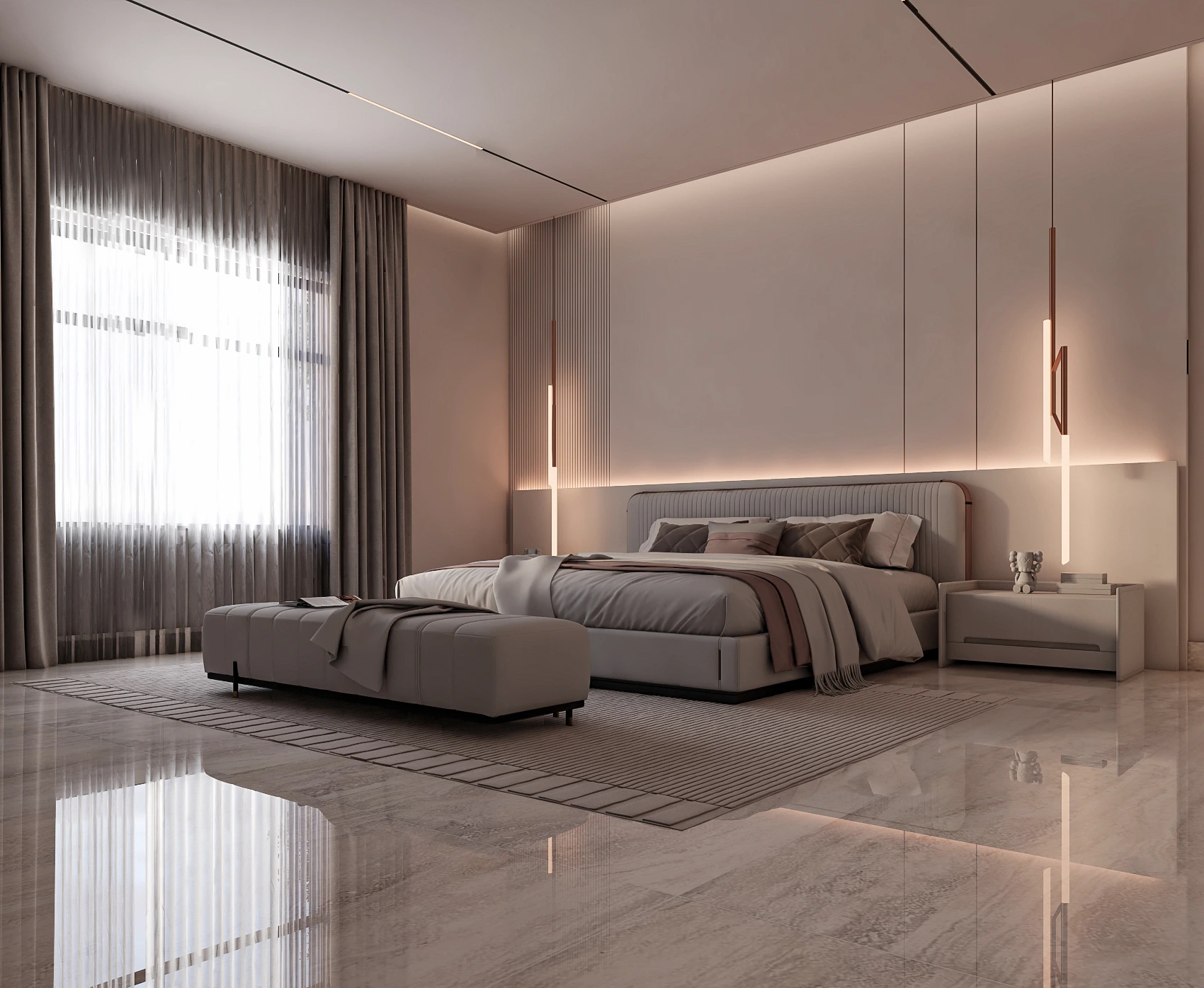 Master bedroom in taupe and blush with LED-lit headboard wall and copper pendant lights, Dubai
