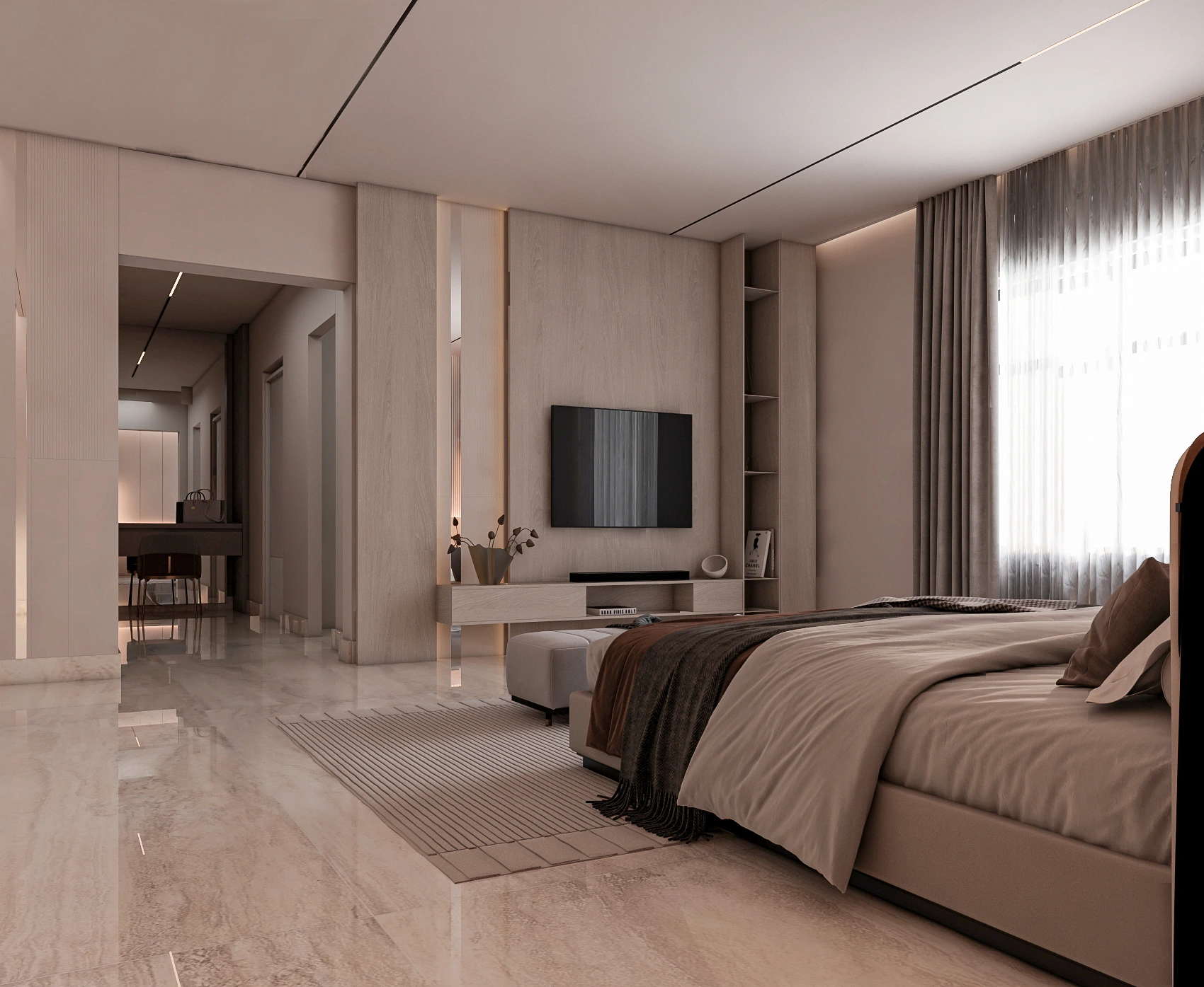 Master bedroom in taupe and blush with LED-lit headboard wall and copper pendant lights, Dubai
