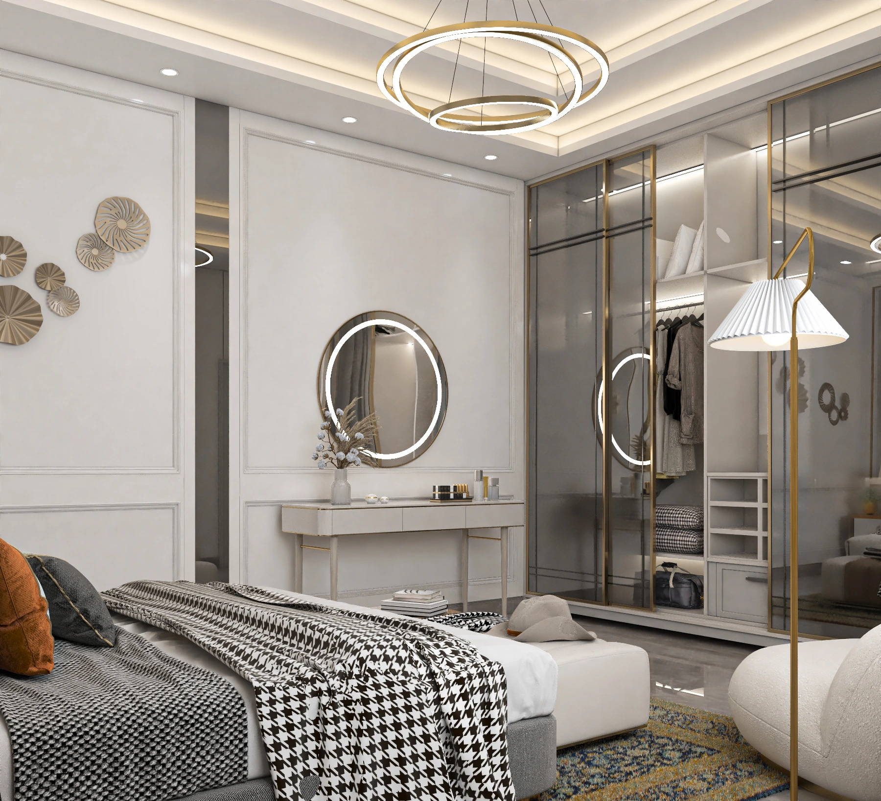 Classic master bedroom with gold-framed headboard wall and crystal wall sconces, Dubai