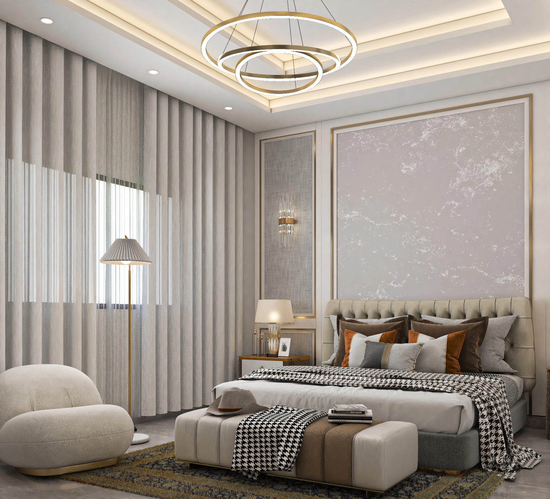 Classic master bedroom with gold-framed headboard wall and crystal wall sconces, Dubai