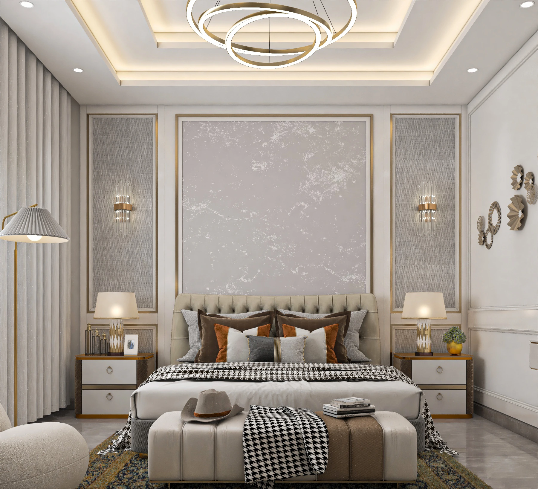 Classic master bedroom with gold-framed headboard wall and crystal wall sconces, Dubai