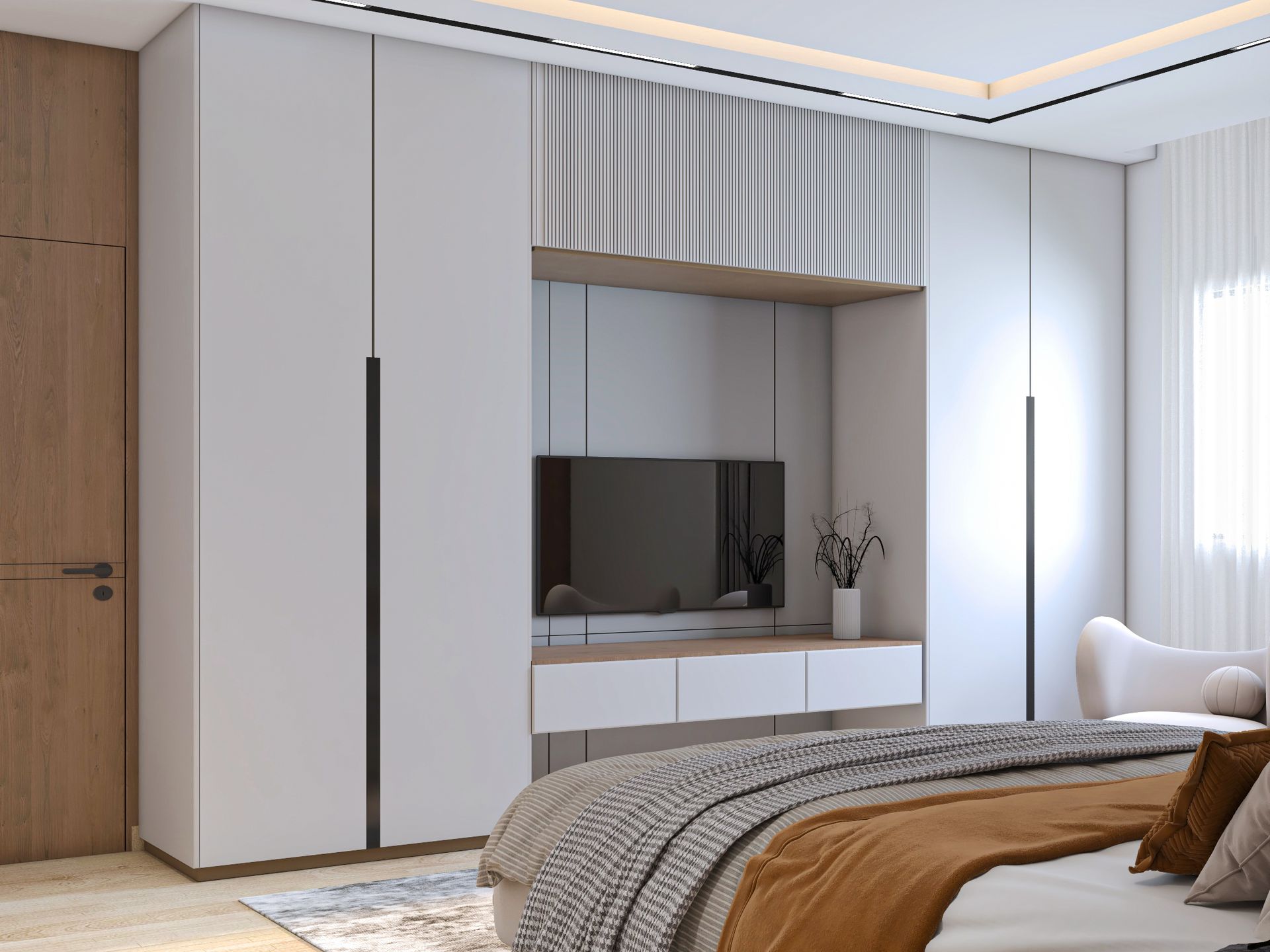 Contemporary bedroom with fluted grey headboard wall, oak panels, and cognac wall art, Dubai