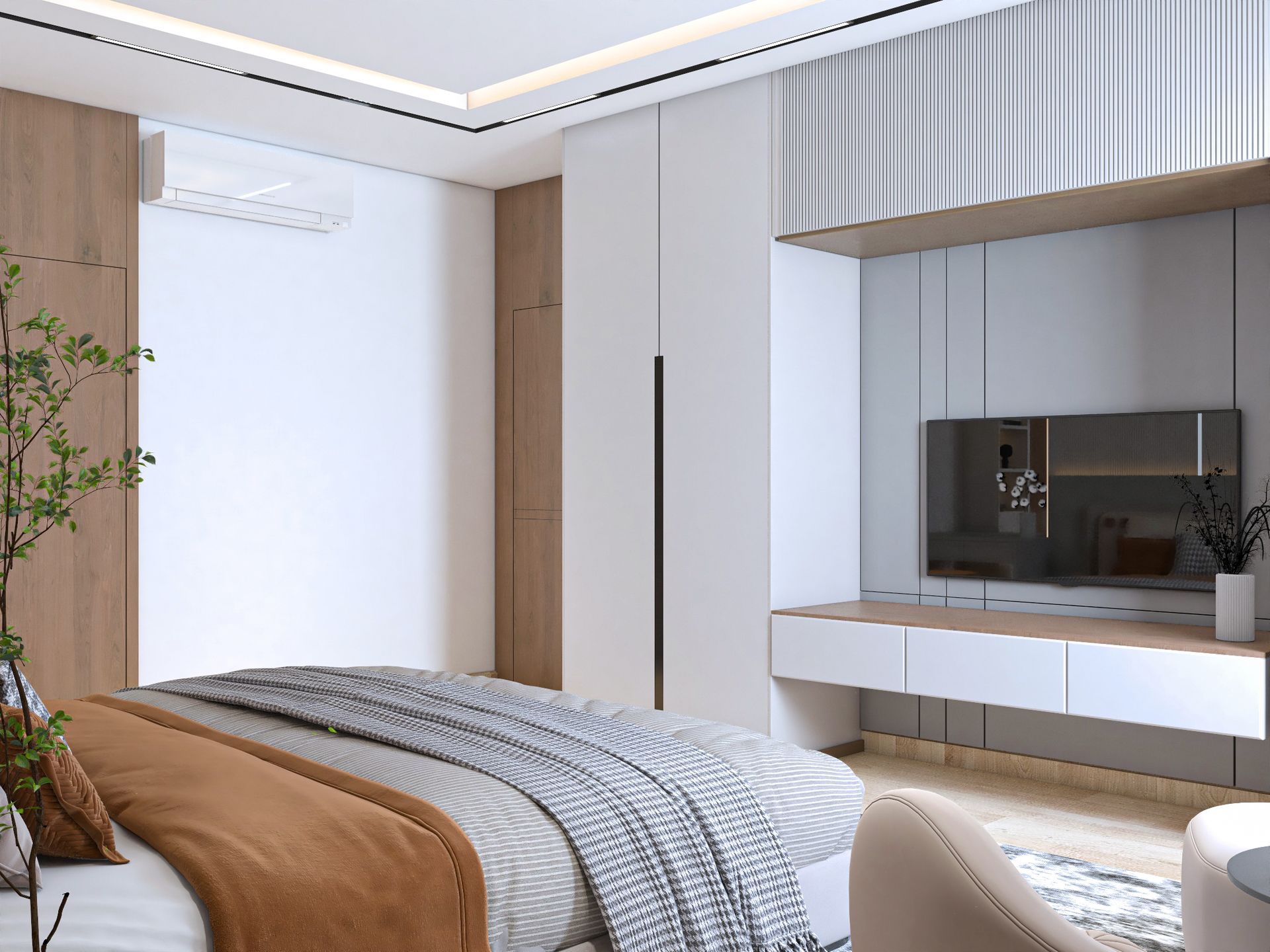 Contemporary bedroom with fluted grey headboard wall, oak panels, and cognac wall art, Dubai