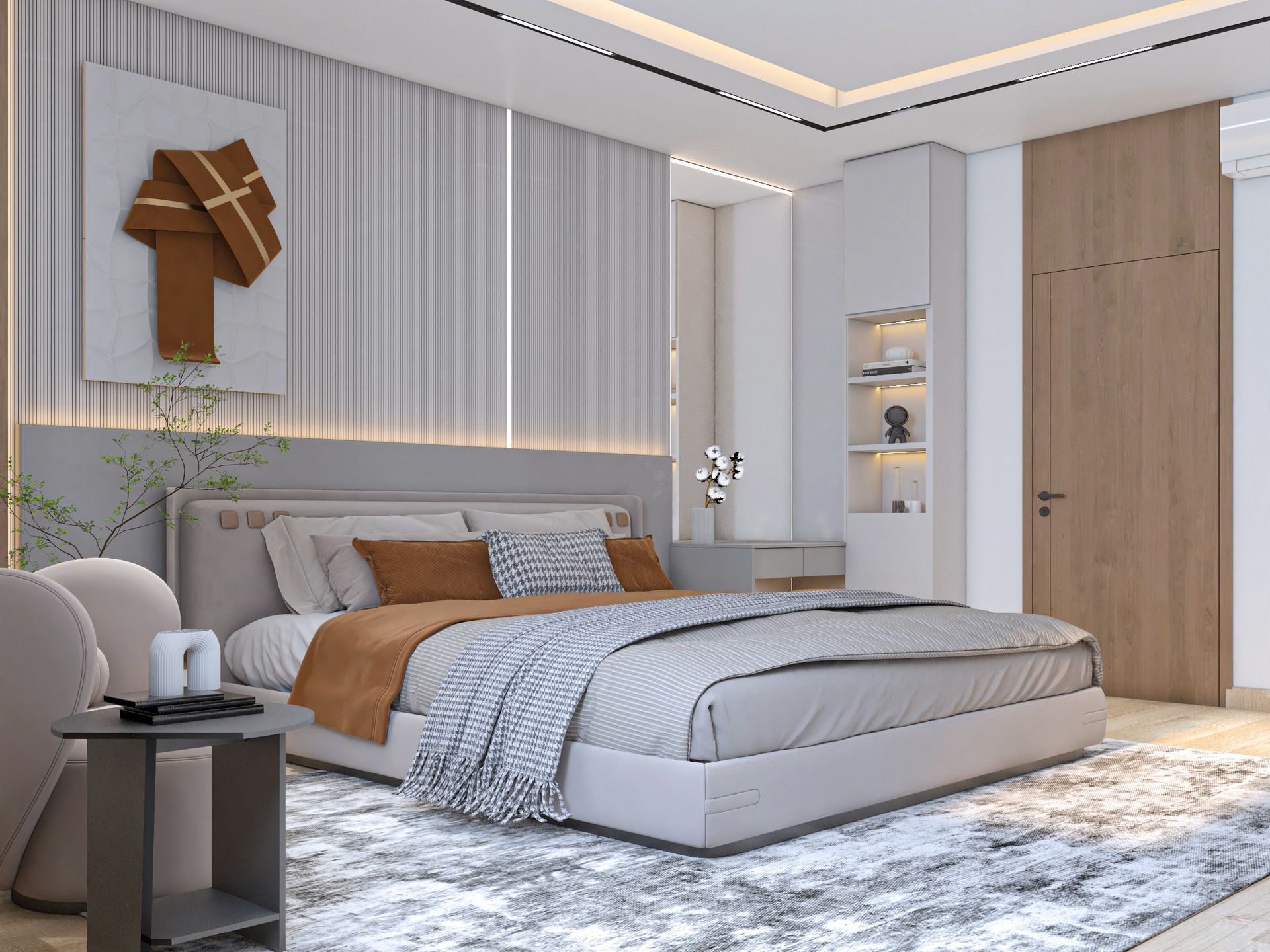 Contemporary bedroom with fluted grey headboard wall, oak panels, and cognac wall art, Dubai