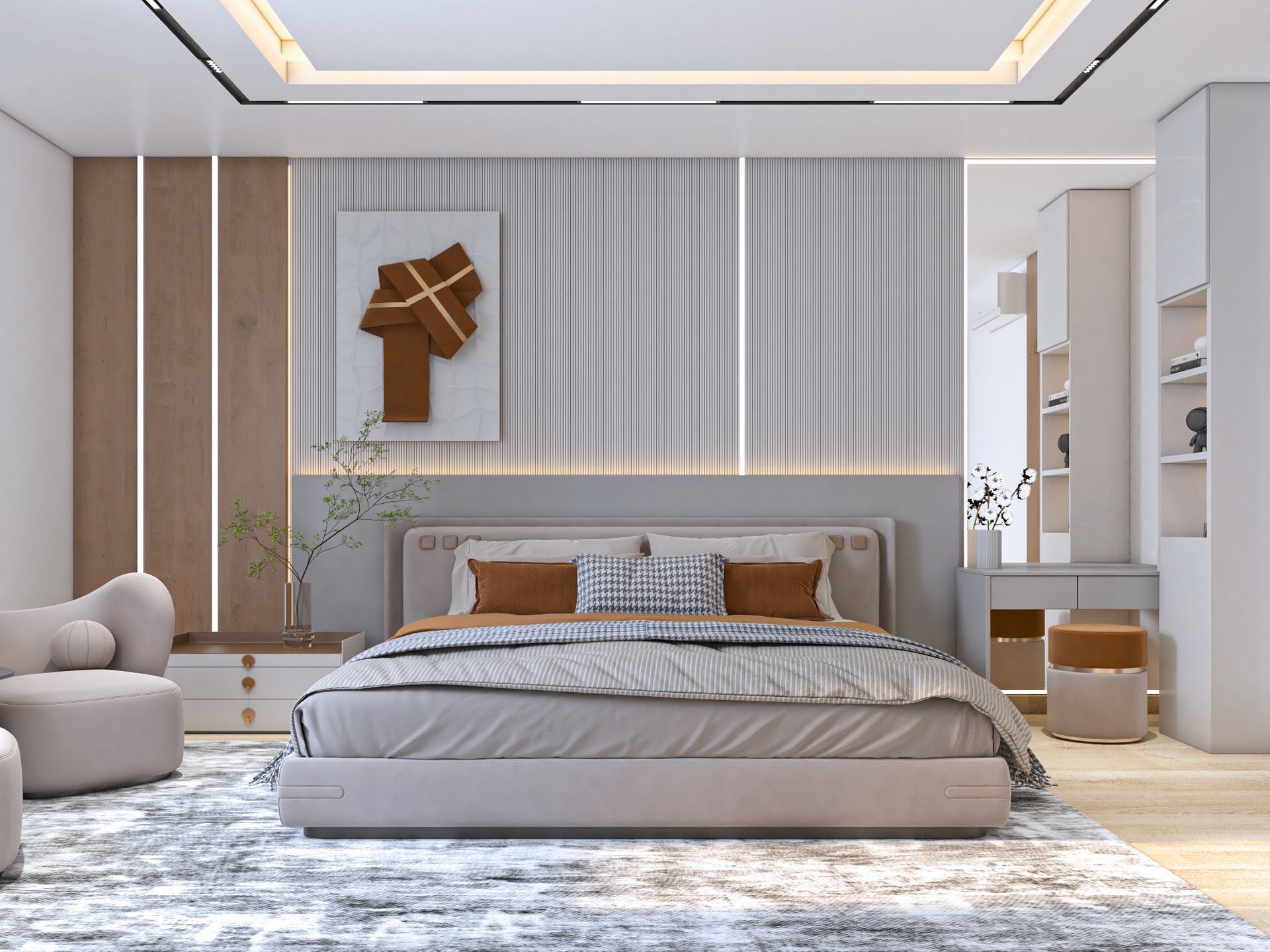 Contemporary bedroom with fluted grey headboard wall, oak panels, and cognac wall art, Dubai
