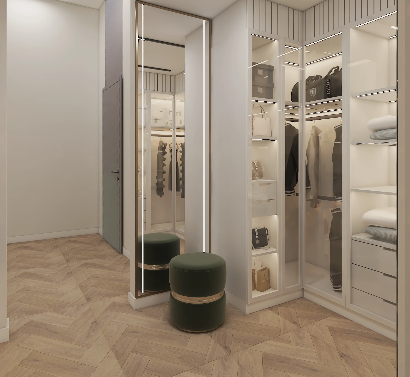 Glass-fronted wardrobes with lit shelves and shoe displays in a walk-in dressing room, Dubai