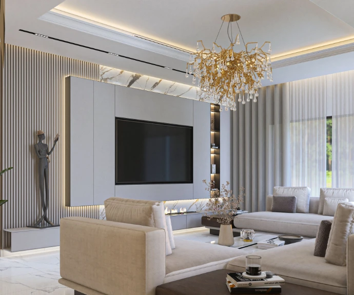 Living room TV wall with linear fireplace, marble accents, and gold branch chandelier, Dubai