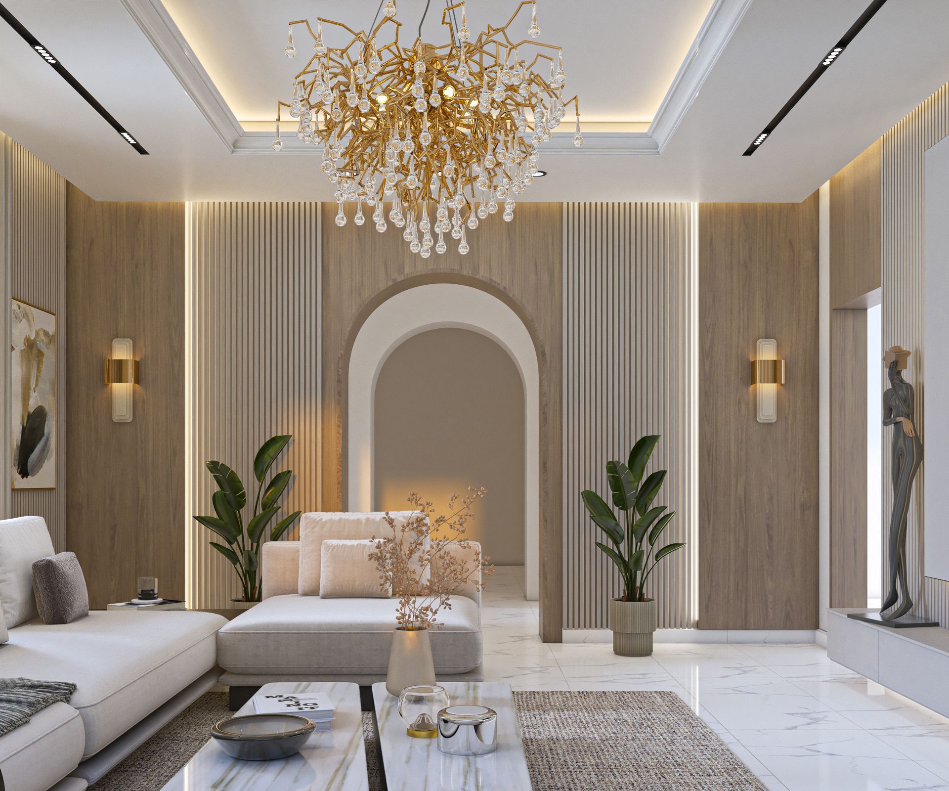 Living room TV wall with linear fireplace, marble accents, and gold branch chandelier, Dubai