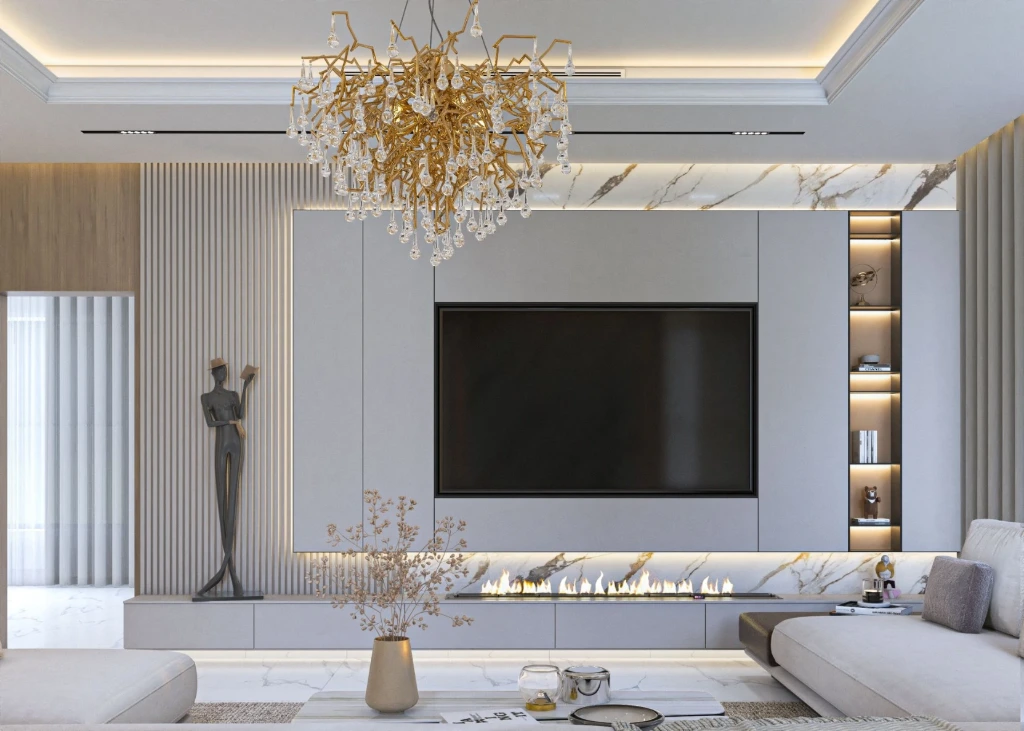Living room TV wall with linear fireplace, marble accents, and gold branch chandelier, Dubai