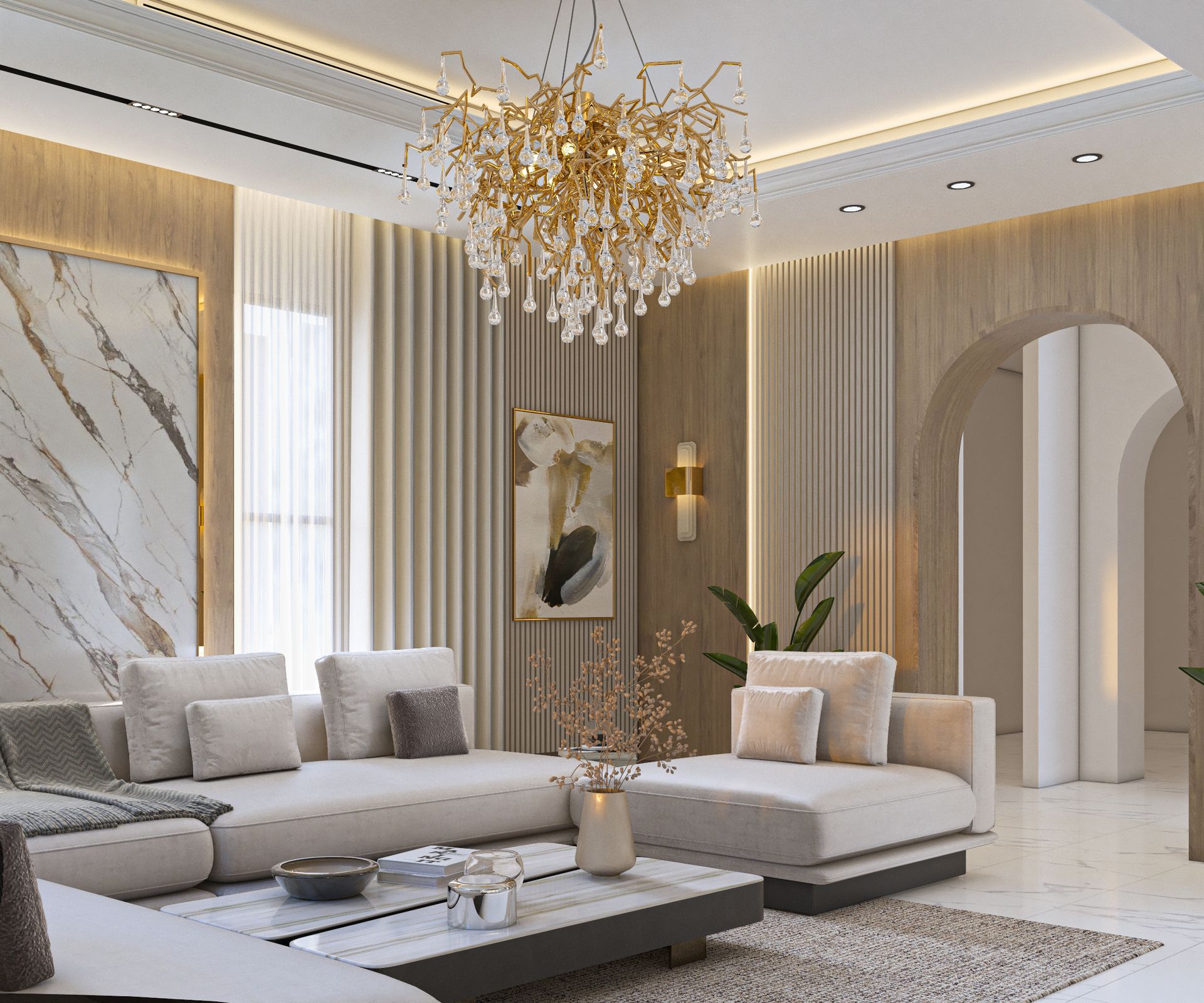 Living room TV wall with linear fireplace, marble accents, and gold branch chandelier, Dubai
