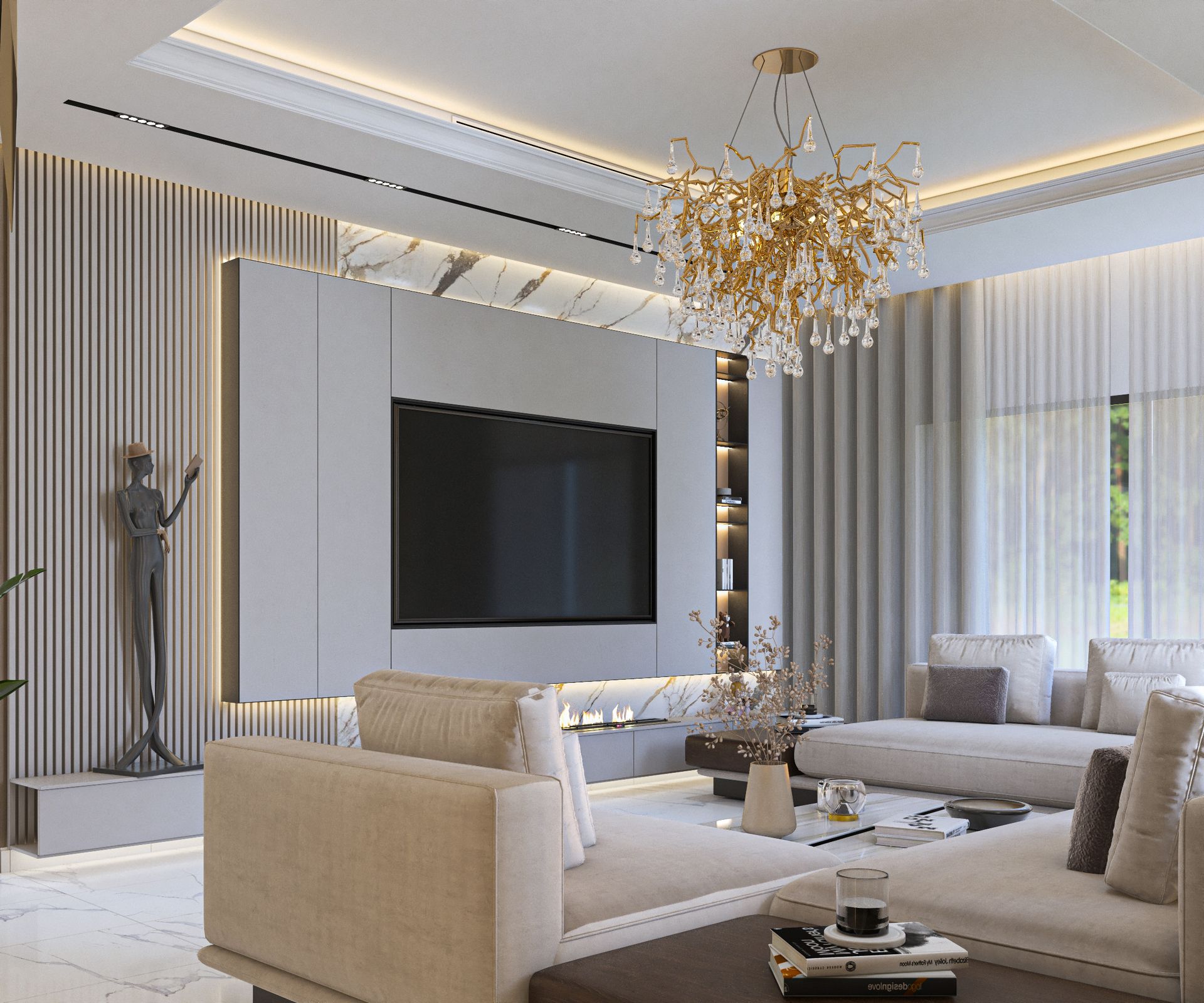 Living room TV wall with linear fireplace, marble accents, and gold branch chandelier, Dubai