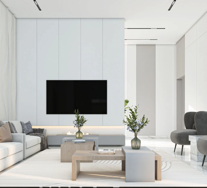 Warm taupe living hall with gold ribbon chandelier and marble coffee table, Dubai