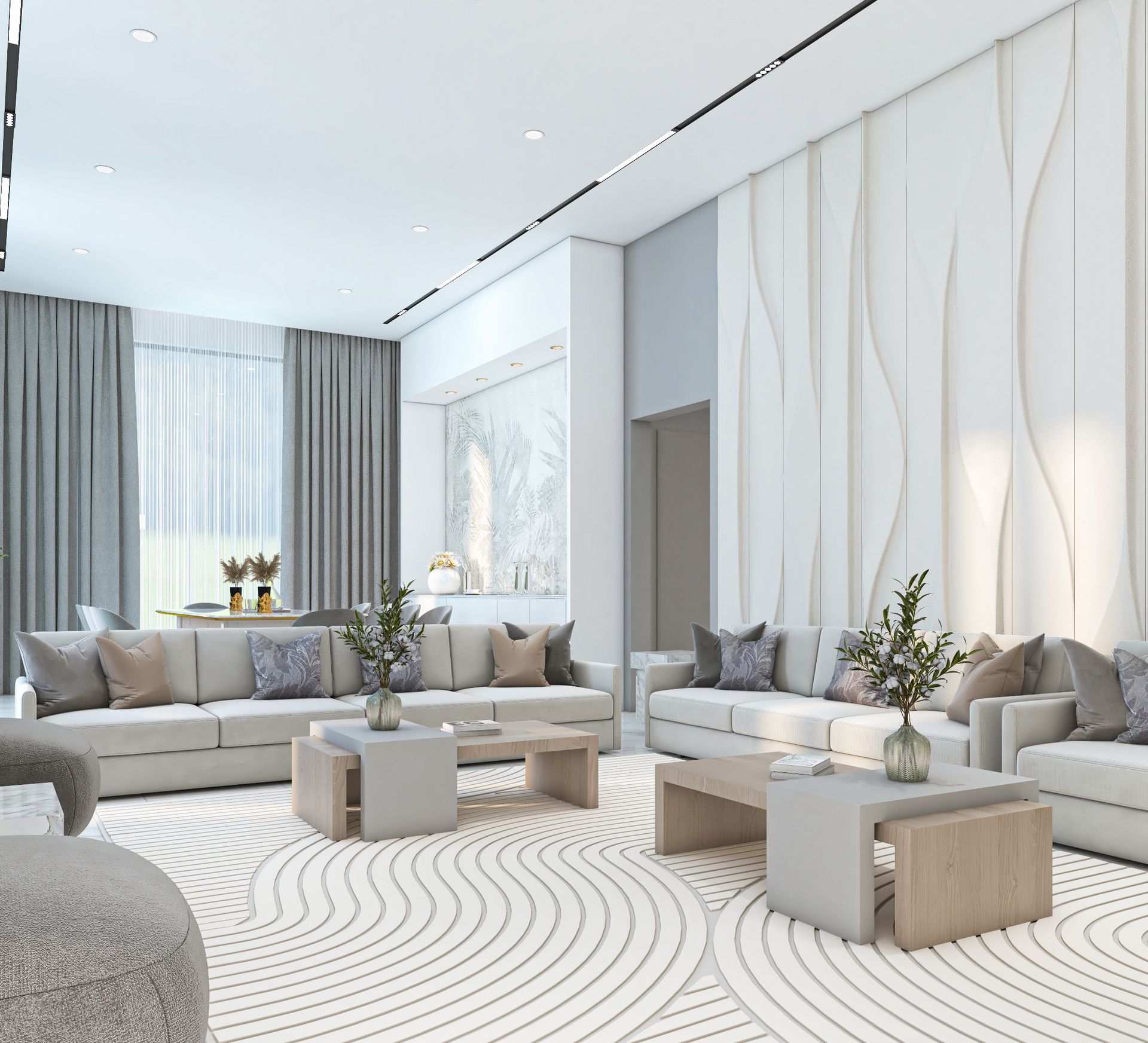 Warm taupe living hall with gold ribbon chandelier and marble coffee table, Dubai