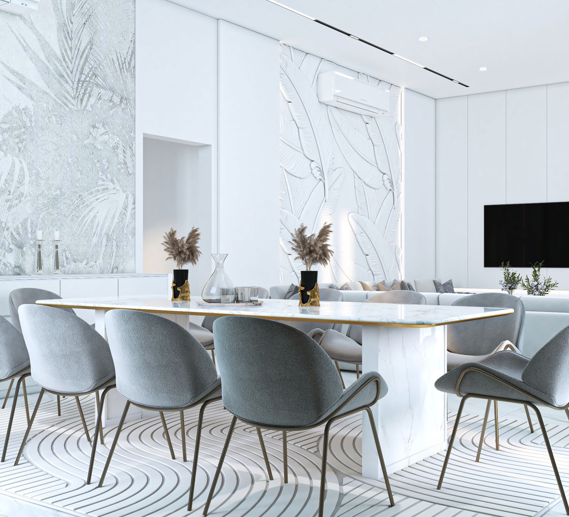 Warm taupe living hall with gold ribbon chandelier and marble coffee table, Dubai