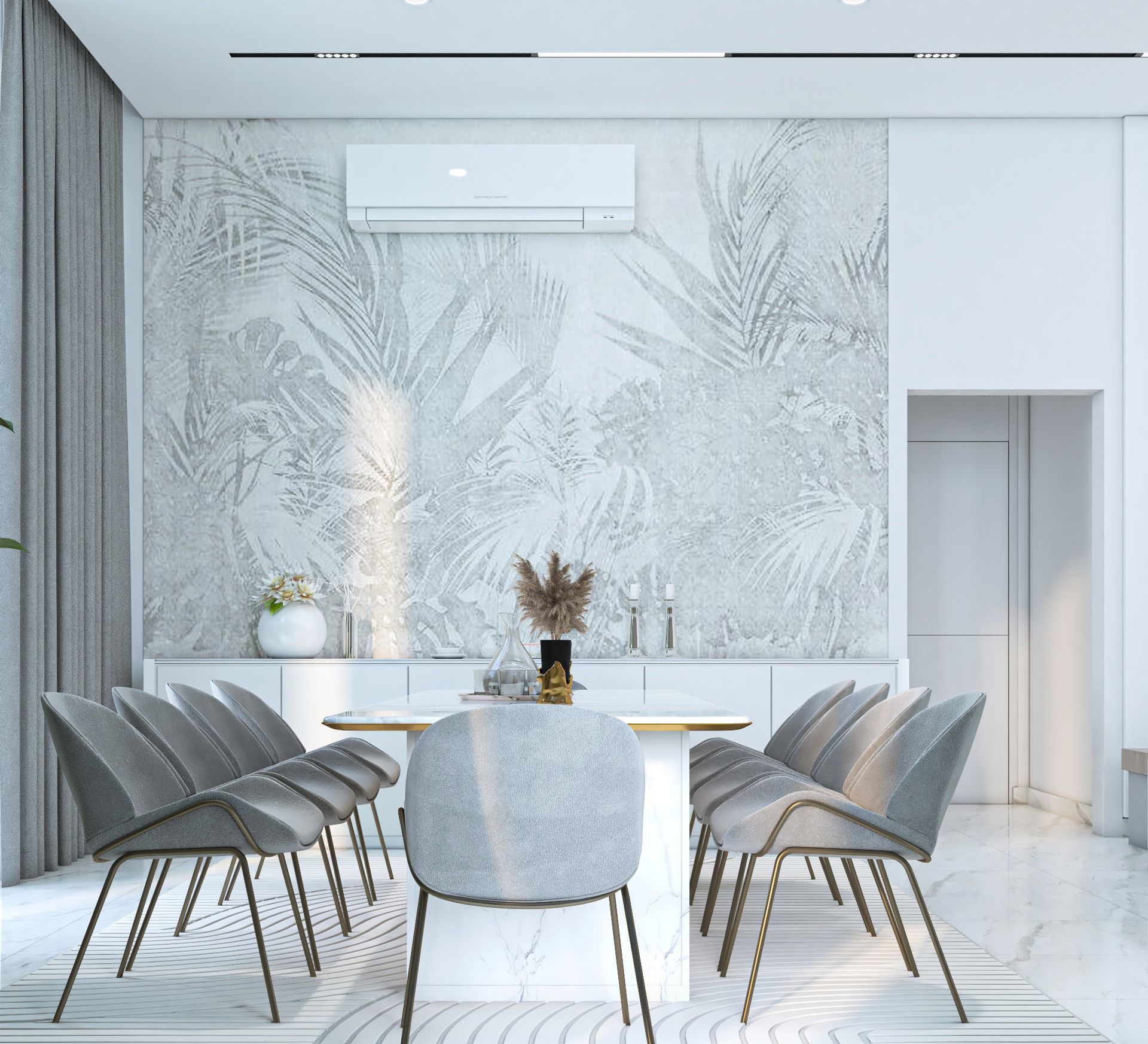 Warm taupe living hall with gold ribbon chandelier and marble coffee table, Dubai