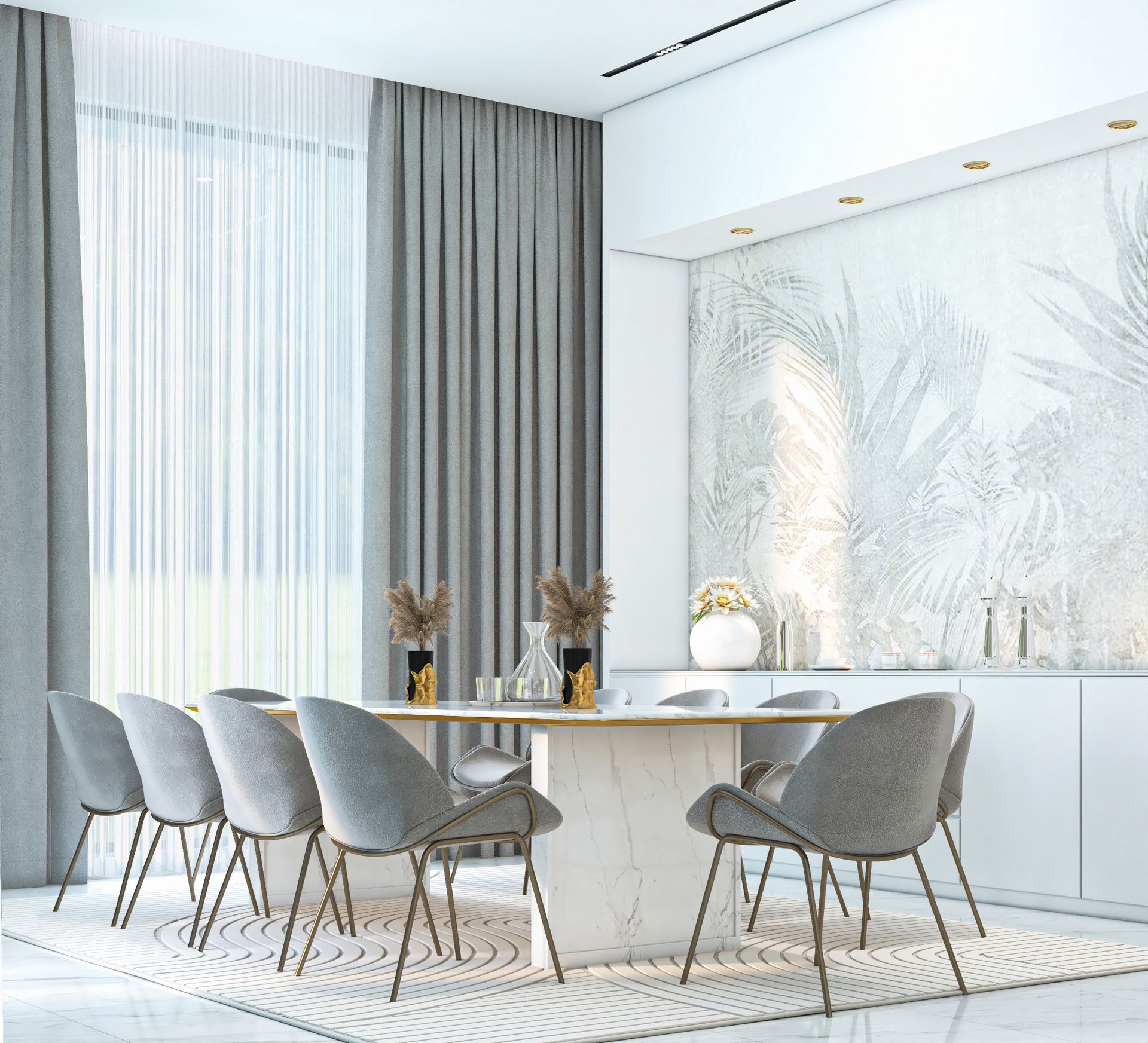 Warm taupe living hall with gold ribbon chandelier and marble coffee table, Dubai