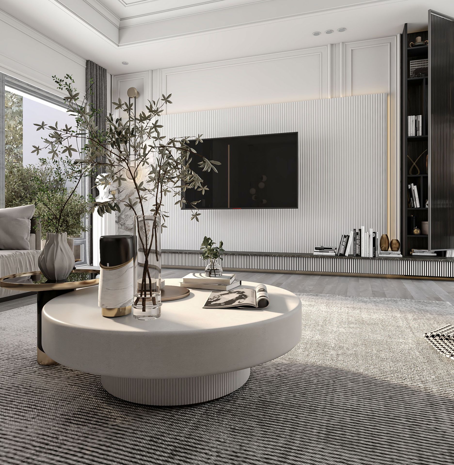 Second-floor family lounge with marble TV wall and black console, Dubai villa