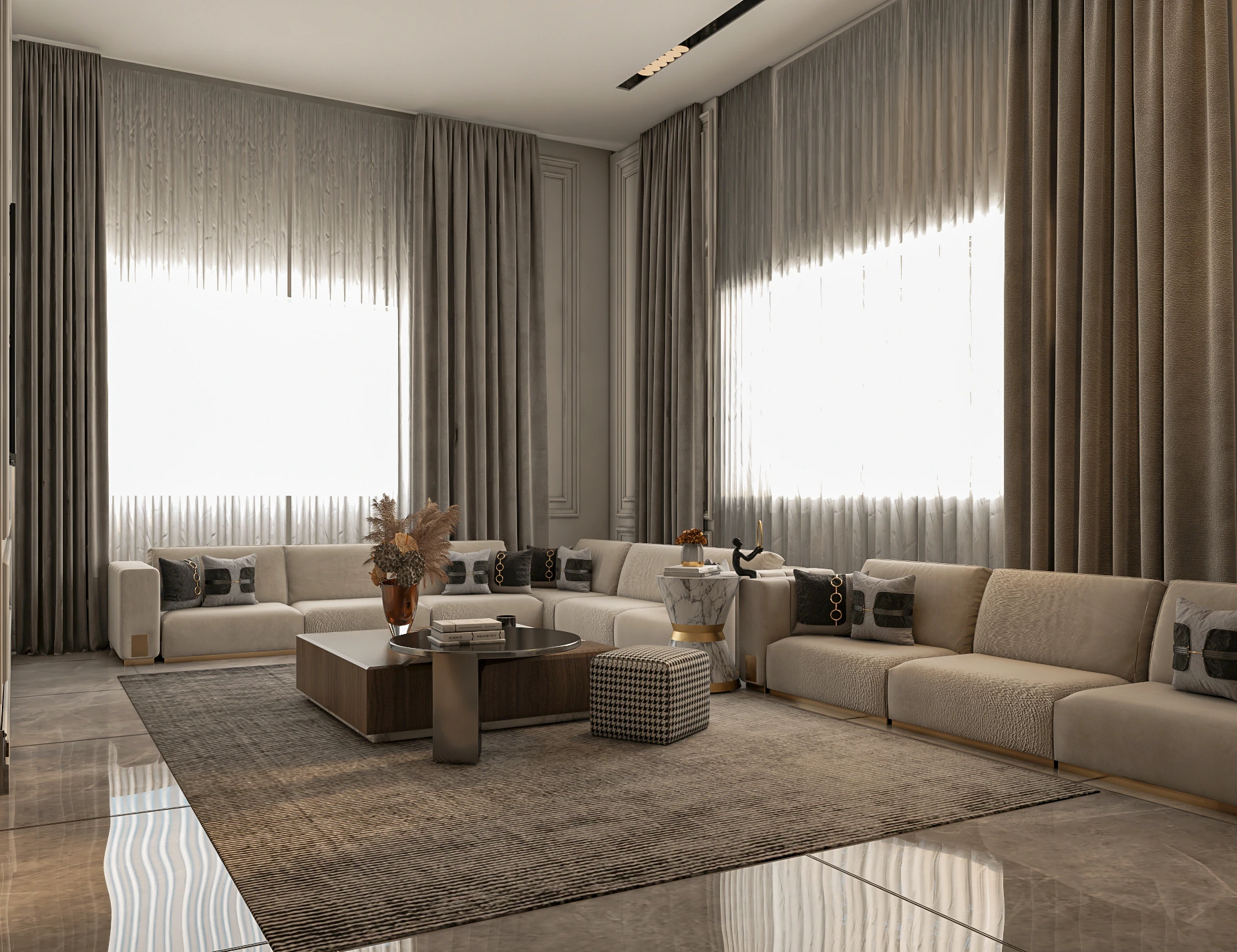 Second-floor family lounge with marble TV wall and black console, Dubai villa
