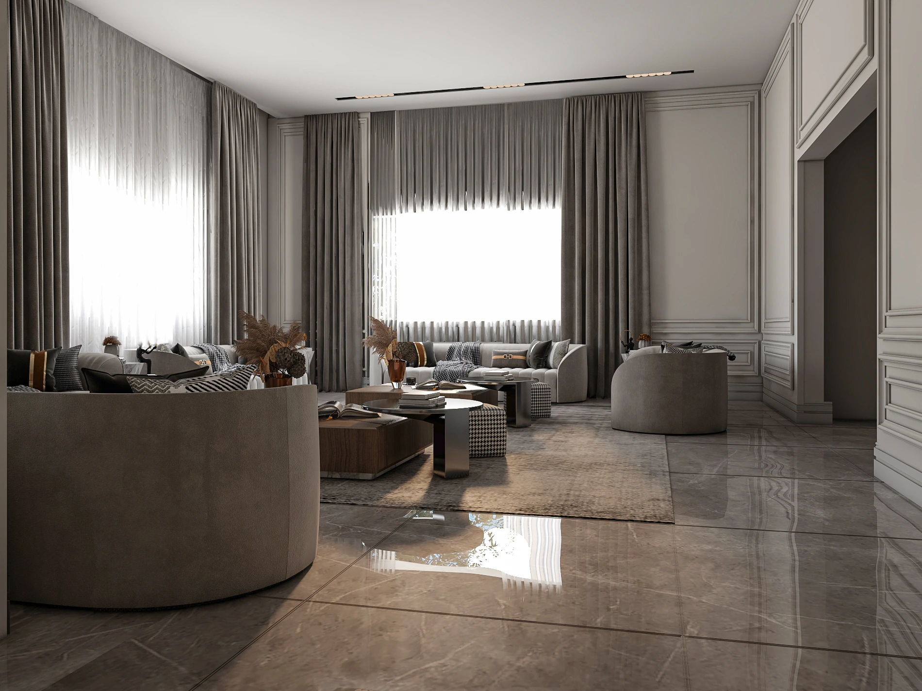 Second-floor family lounge with marble TV wall and black console, Dubai villa