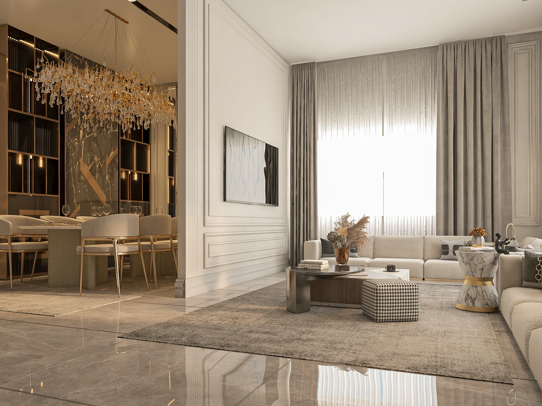 Second-floor family lounge with marble TV wall and black console, Dubai villa