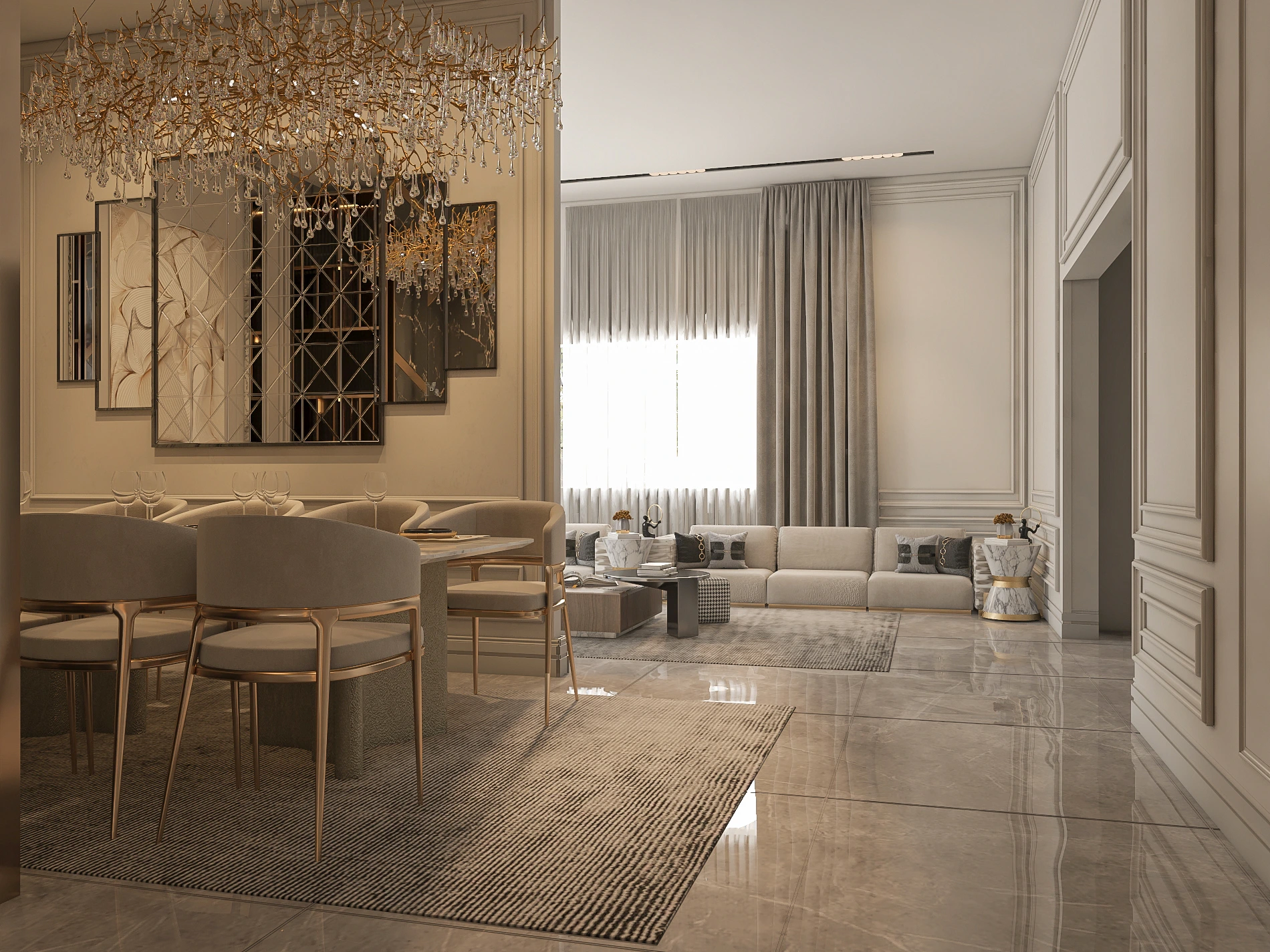 Second-floor family lounge with marble TV wall and black console, Dubai villa