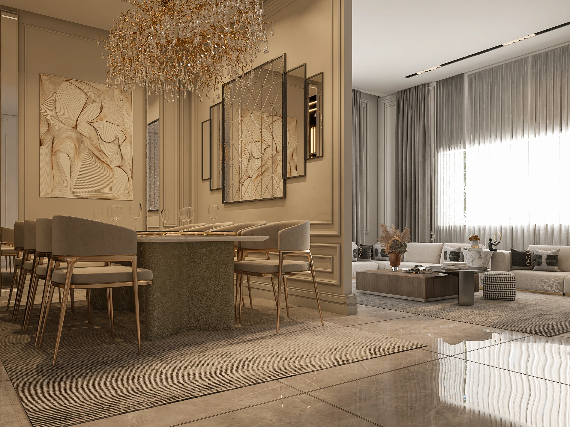 Second-floor family lounge with marble TV wall and black console, Dubai villa