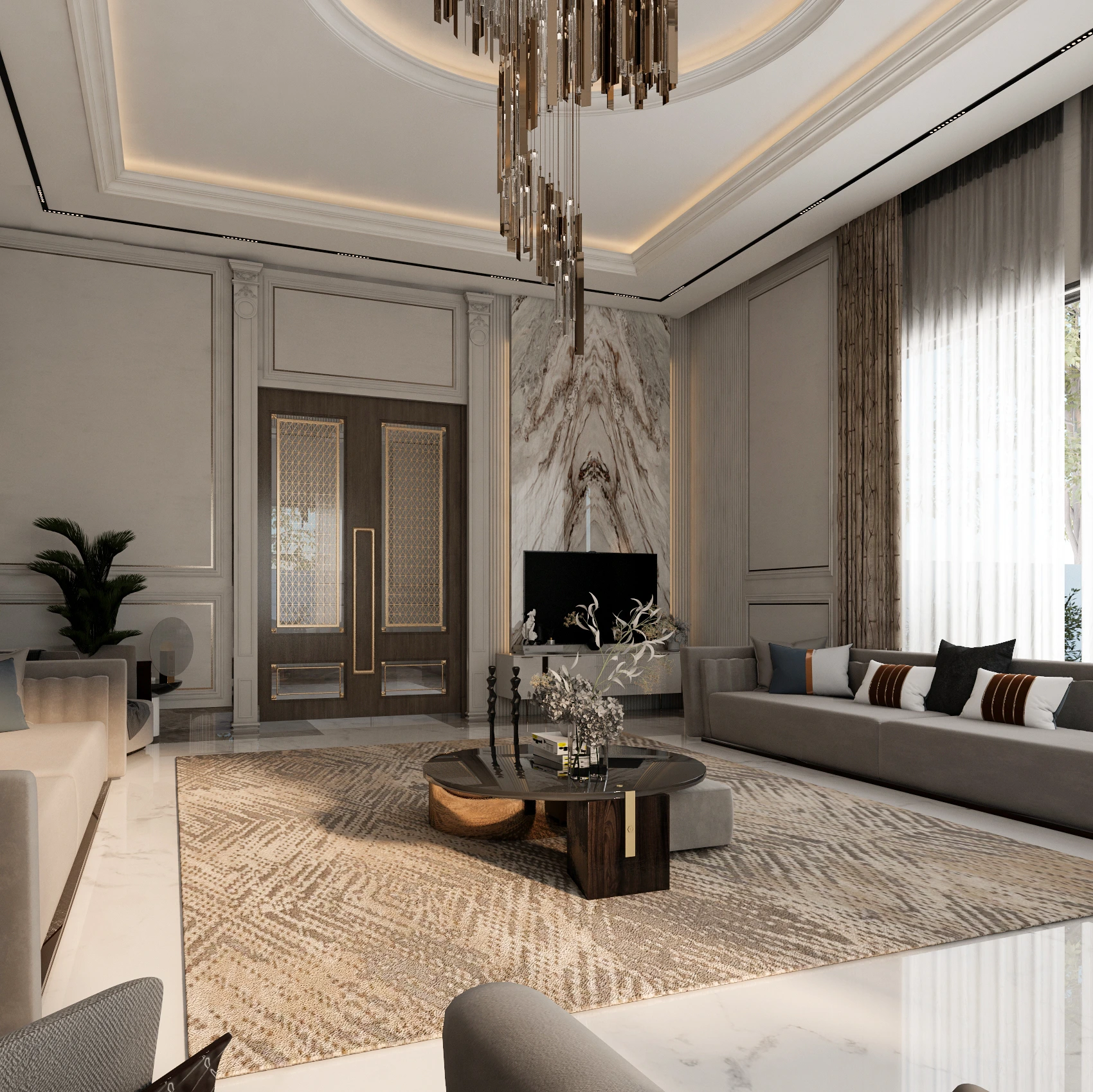 Luxury majlis with marble TV wall, gold lattice doors, and bronze spiral chandelier, Dubai