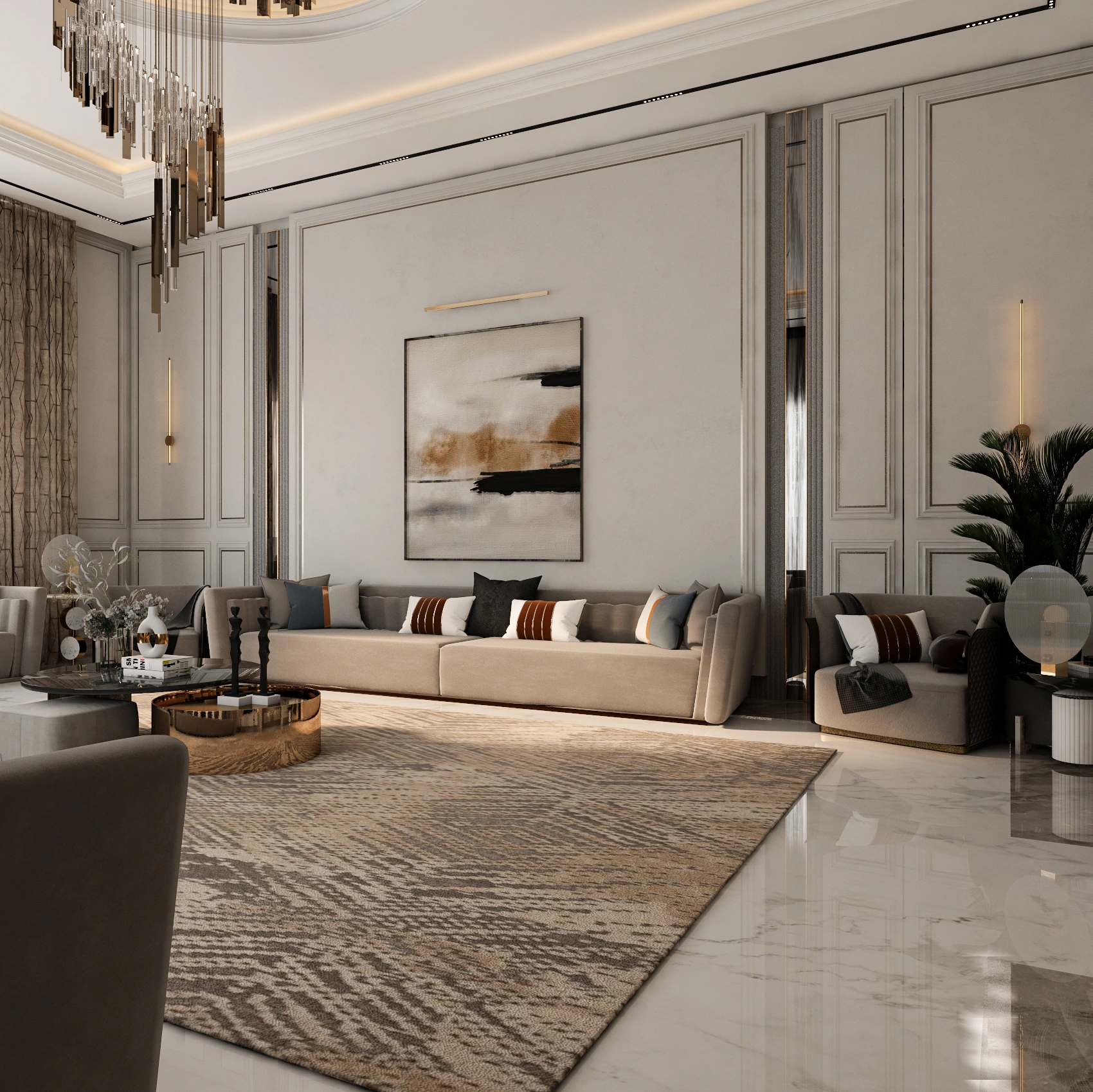 Luxury majlis with marble TV wall, gold lattice doors, and bronze spiral chandelier, Dubai