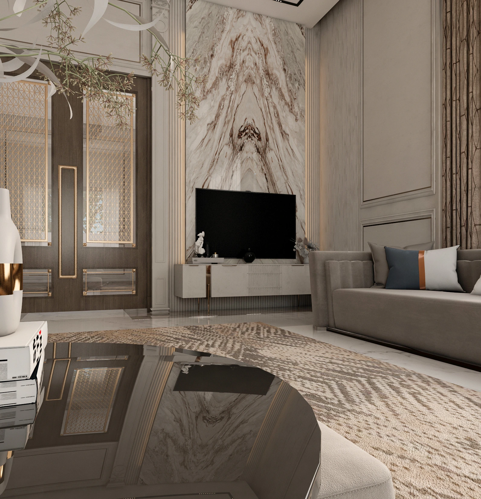 Luxury majlis with marble TV wall, gold lattice doors, and bronze spiral chandelier, Dubai