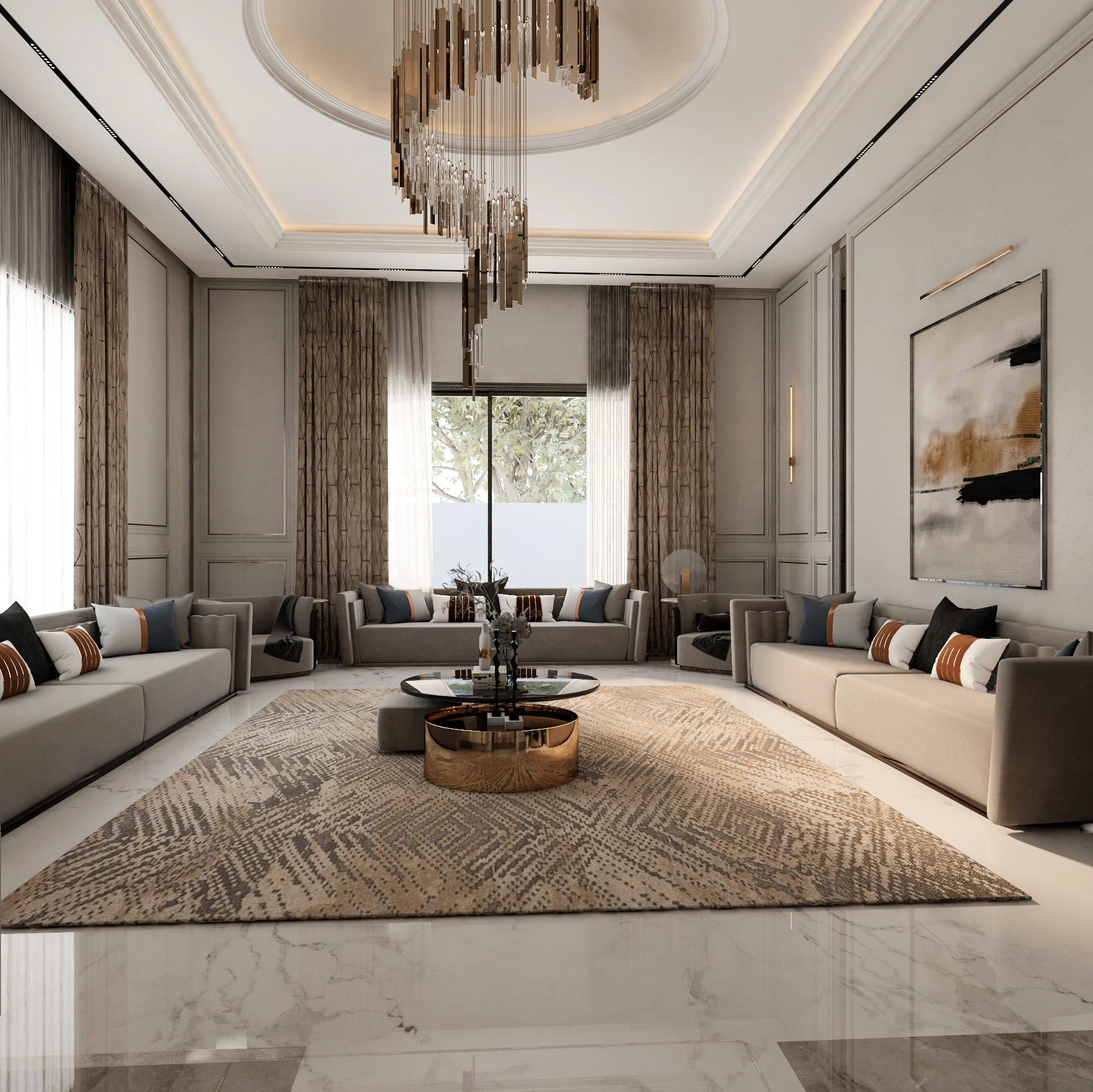 Luxury majlis with marble TV wall, gold lattice doors, and bronze spiral chandelier, Dubai