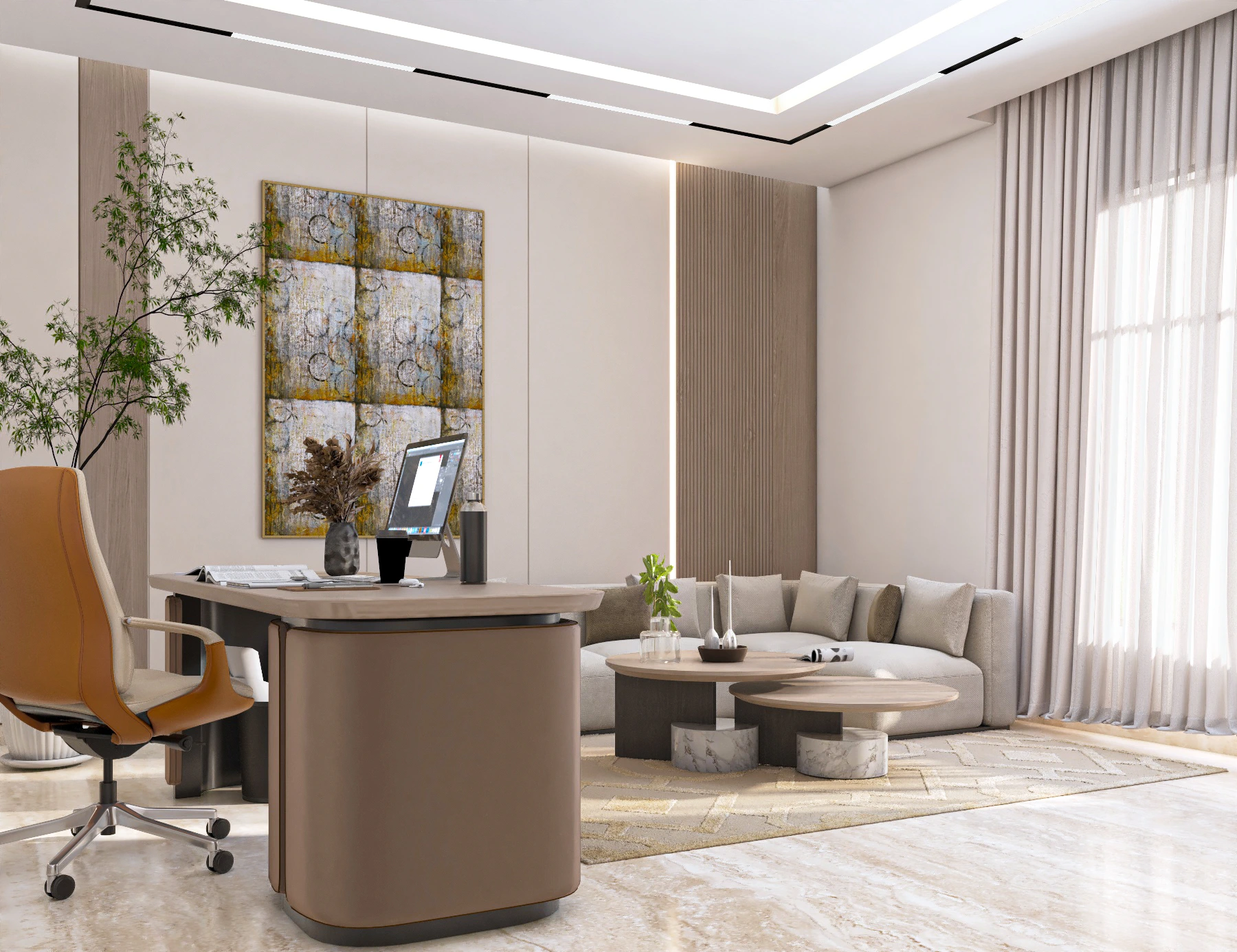 Executive office with leather-wrapped desk, timber slat panel, and lounge sofa, Dubai