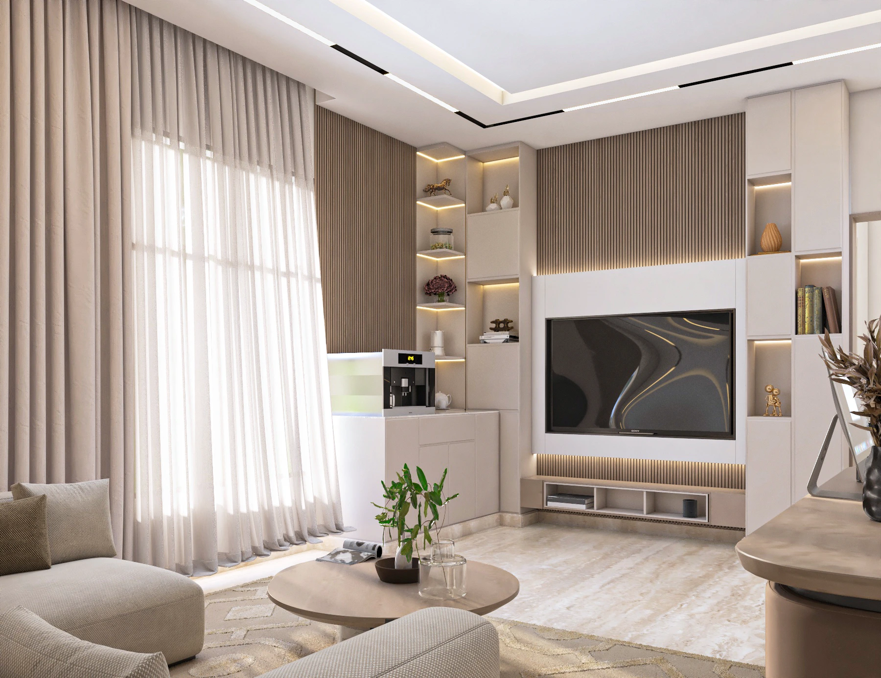 Executive office with leather-wrapped desk, timber slat panel, and lounge sofa, Dubai