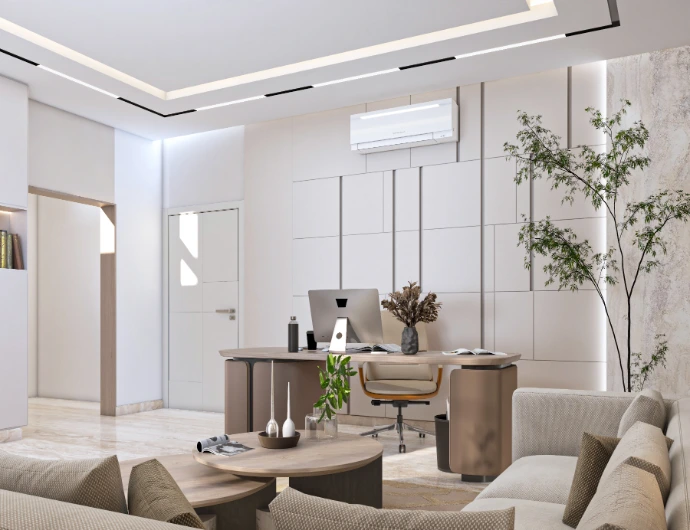 Executive office with leather-wrapped desk, timber slat panel, and lounge sofa, Dubai