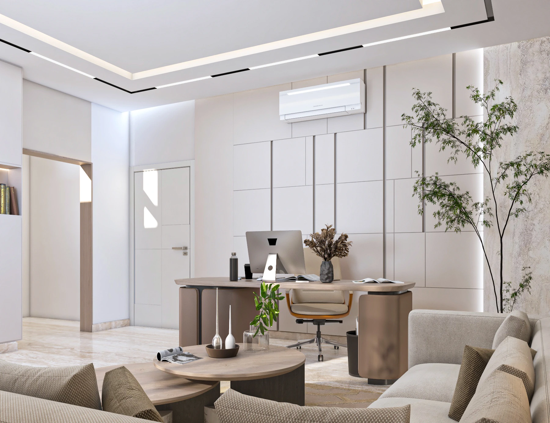 Executive office with leather-wrapped desk, timber slat panel, and lounge sofa, Dubai