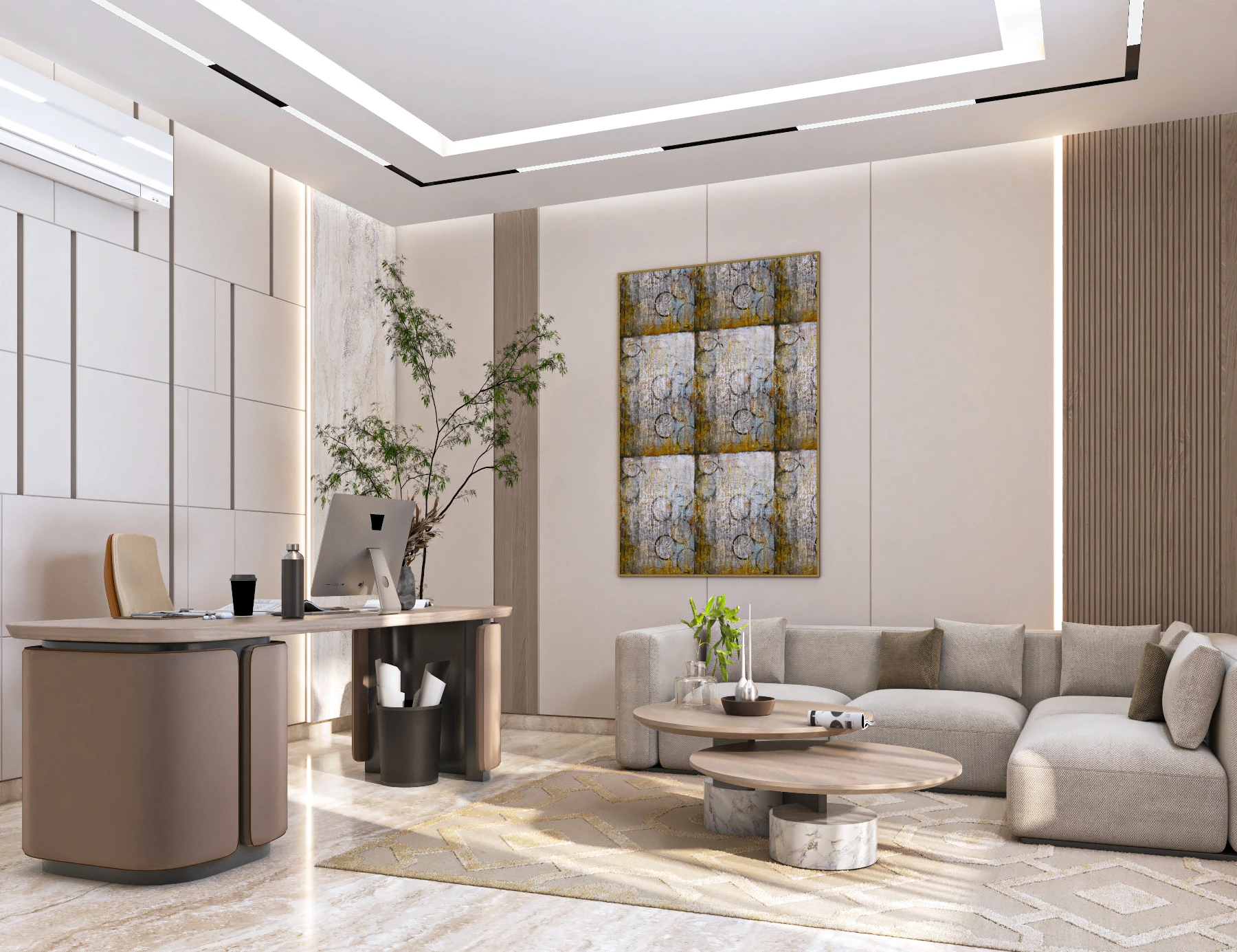 Executive office with leather-wrapped desk, timber slat panel, and lounge sofa, Dubai