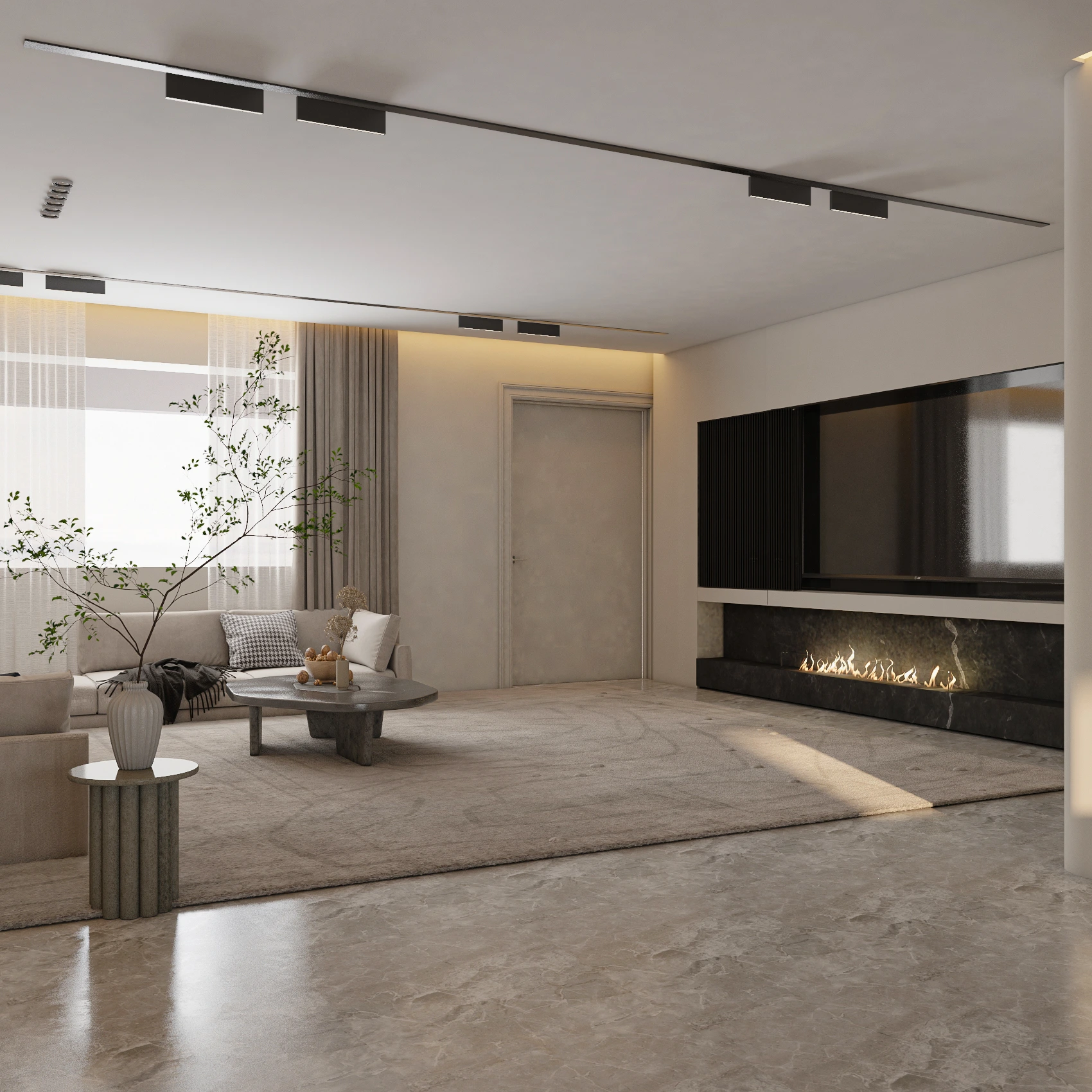 Open-plan living area with linear fireplace and pebble coffee table, Dubai