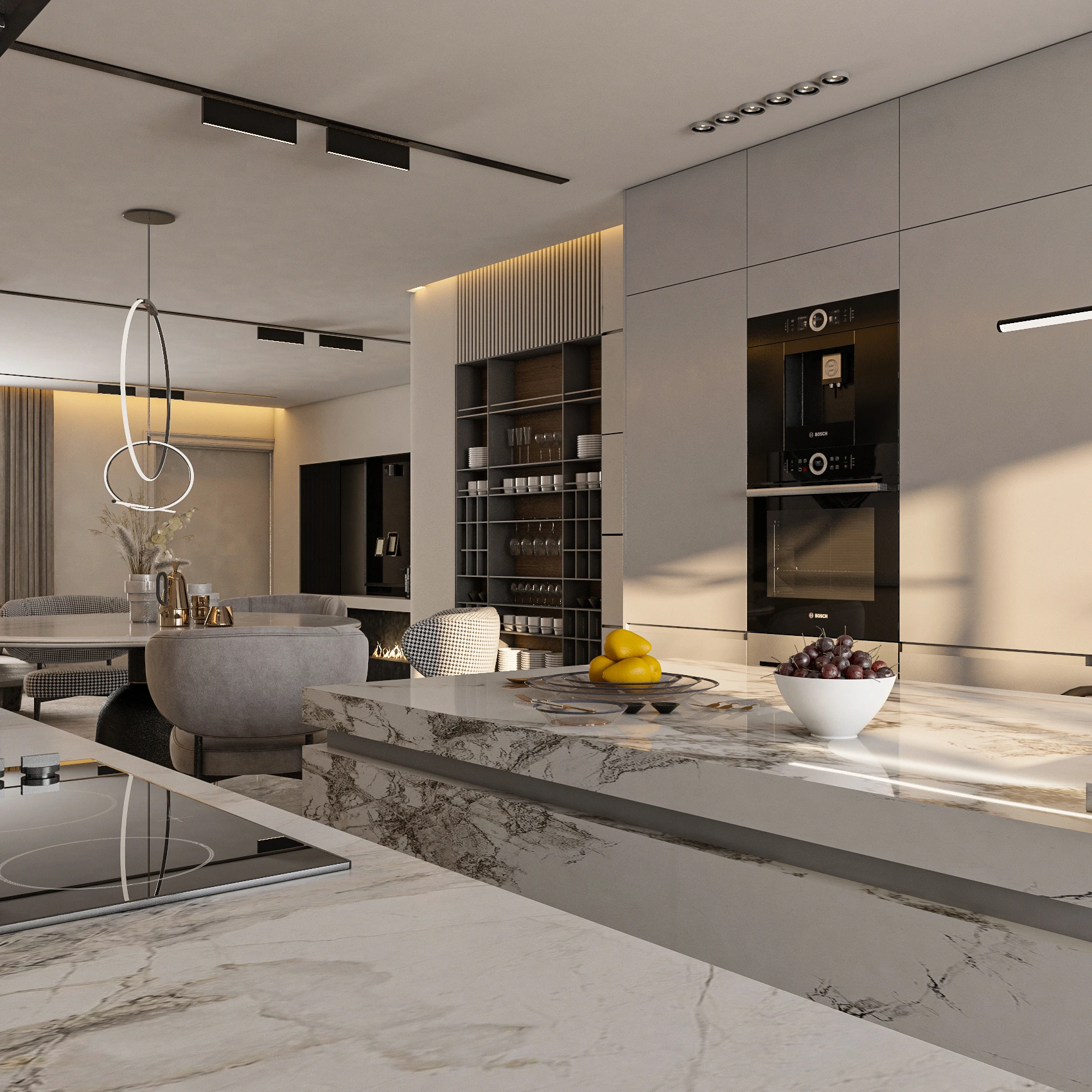 Open-plan living area with linear fireplace and pebble coffee table, Dubai