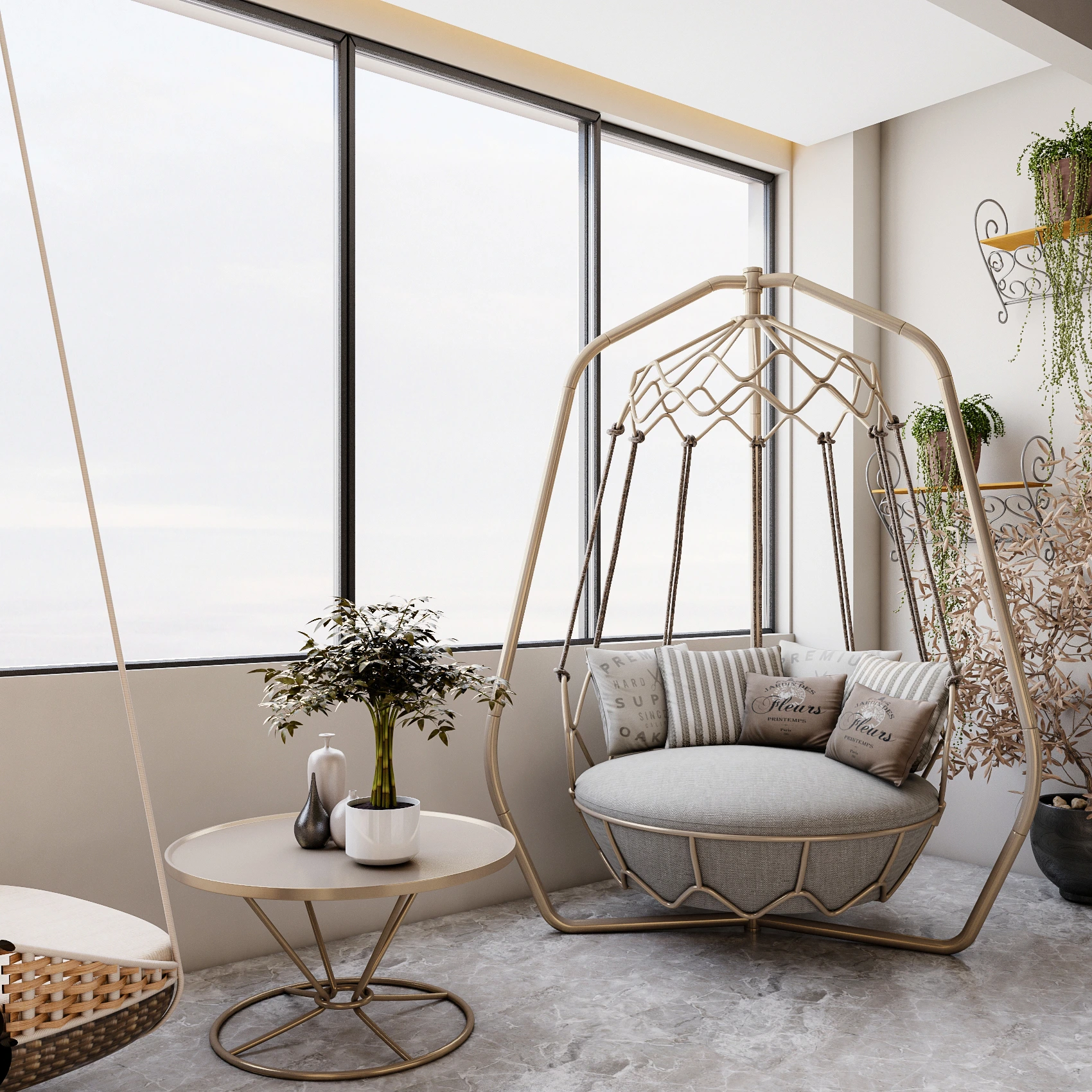 Open-plan living area with linear fireplace and pebble coffee table, Dubai