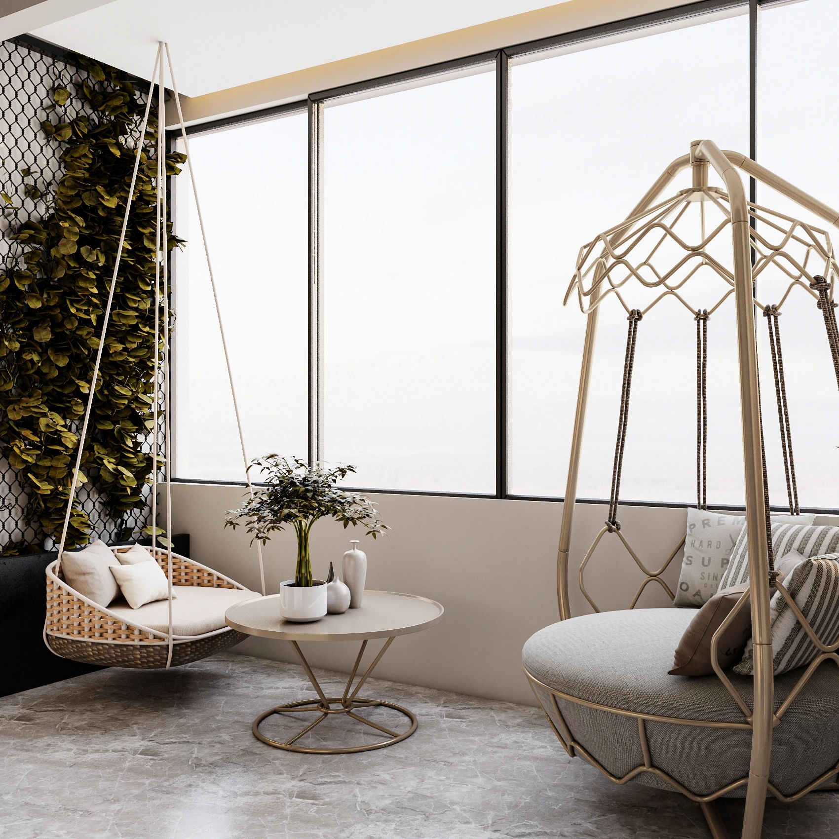 Open-plan living area with linear fireplace and pebble coffee table, Dubai